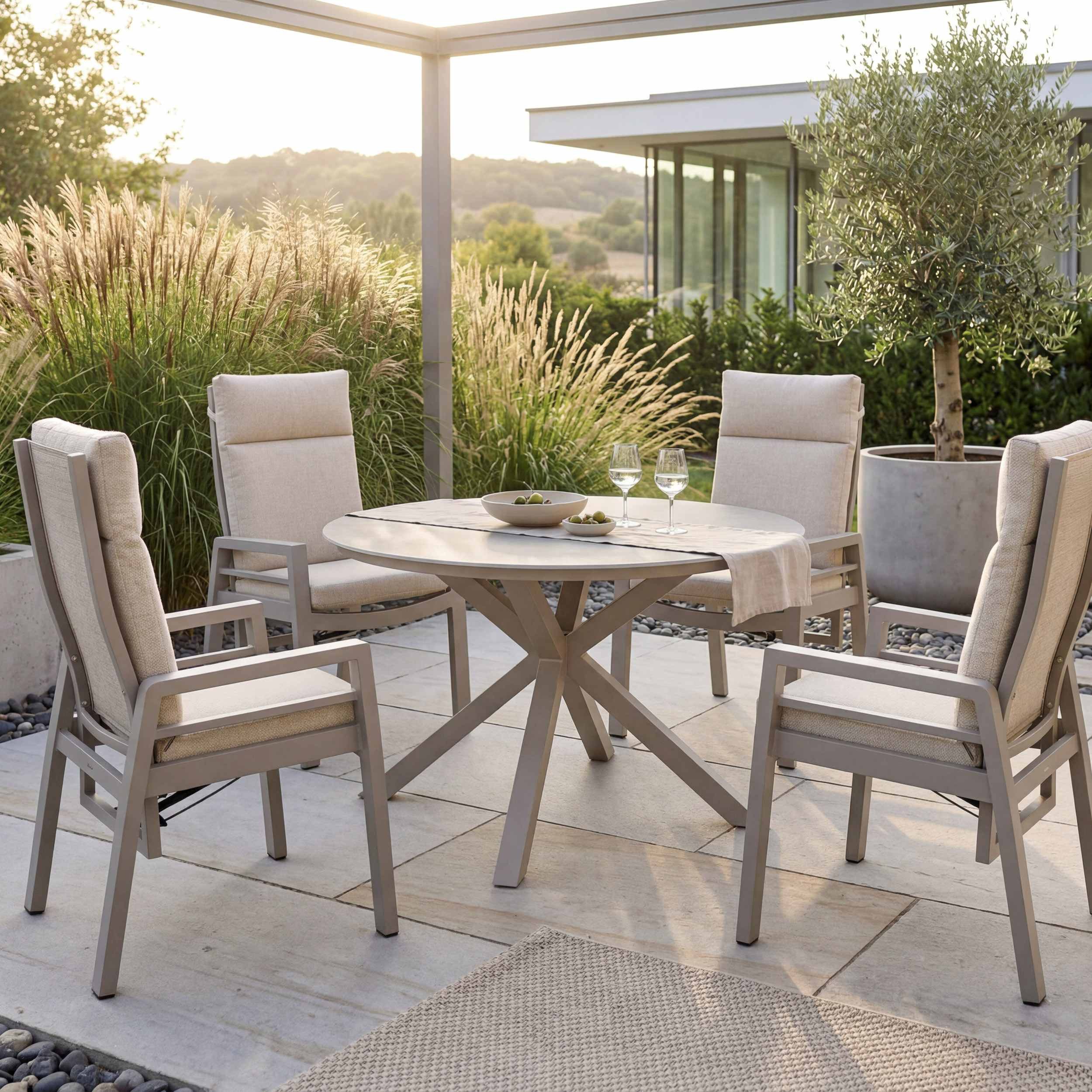 MR.DEKO Garten-Essgruppe Gartenmöbel Set 4 Personen Aluminium beige runder Tisch Malaga Sevilla, (Relax-Essgruppe, 5-tlg., Gartenmöbelset für 4 Personen mit Rundtisch), Wetterfest mit Keramikplatte, Textillene und Aluminium