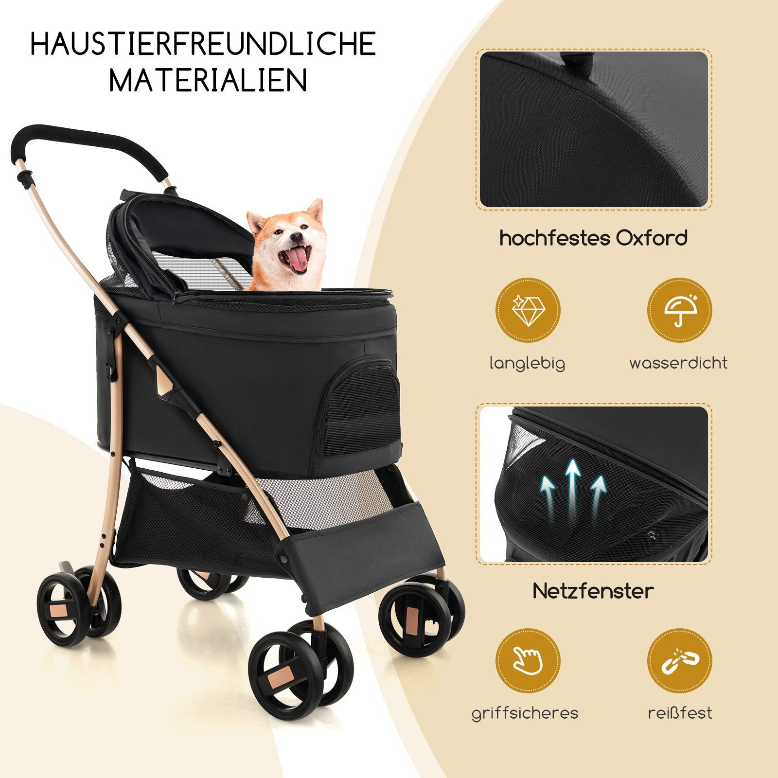 COSTWAY Hundebuggy Hundewagen, mit verstellbarem Vordach, 88 x 48 x 98cm – Bild 4 von 5