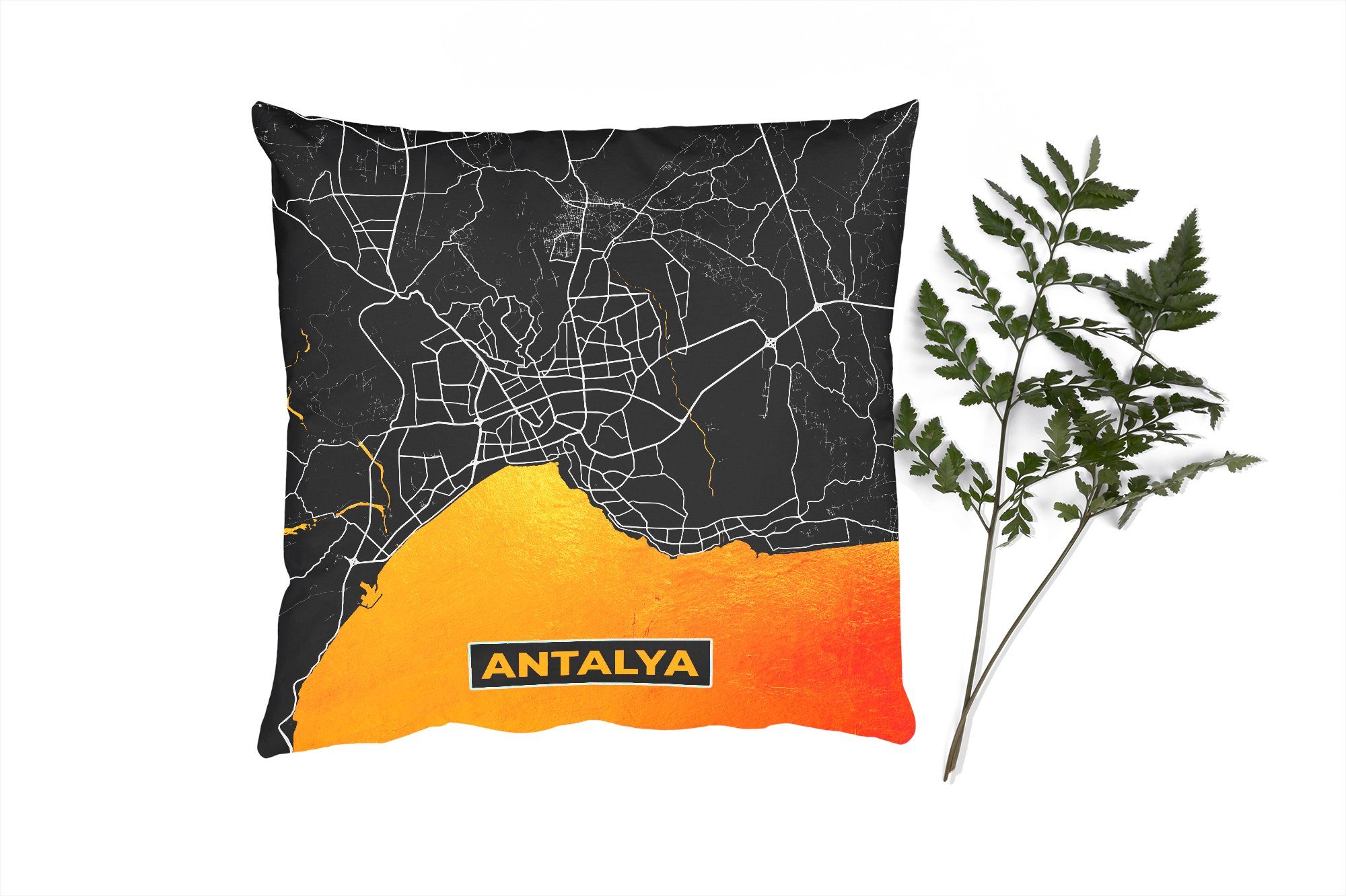 MuchoWow Dekokissen Antalya - Gold - Karte - Stadtplan, Zierkissen mit Füllung für Wohzimmer, Schlafzimmer, Deko, Sofakissen