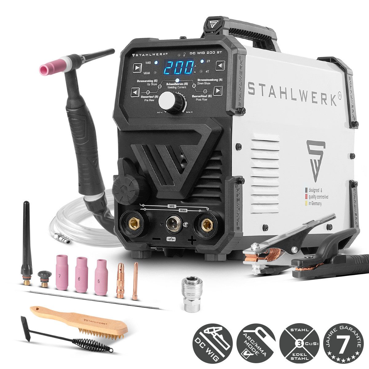 STAHLWERK Inverterschweißgerät 2-in-1 Kombi Schweißgerät DC WIG 200 ST ARC/MMA/E-Hand mit 200 A, 10 - 200 A, Packung}, 10-tlg., Einzelgerät, Kombi DC WIG Schweißgerät mit MMA E-Hand Funktion