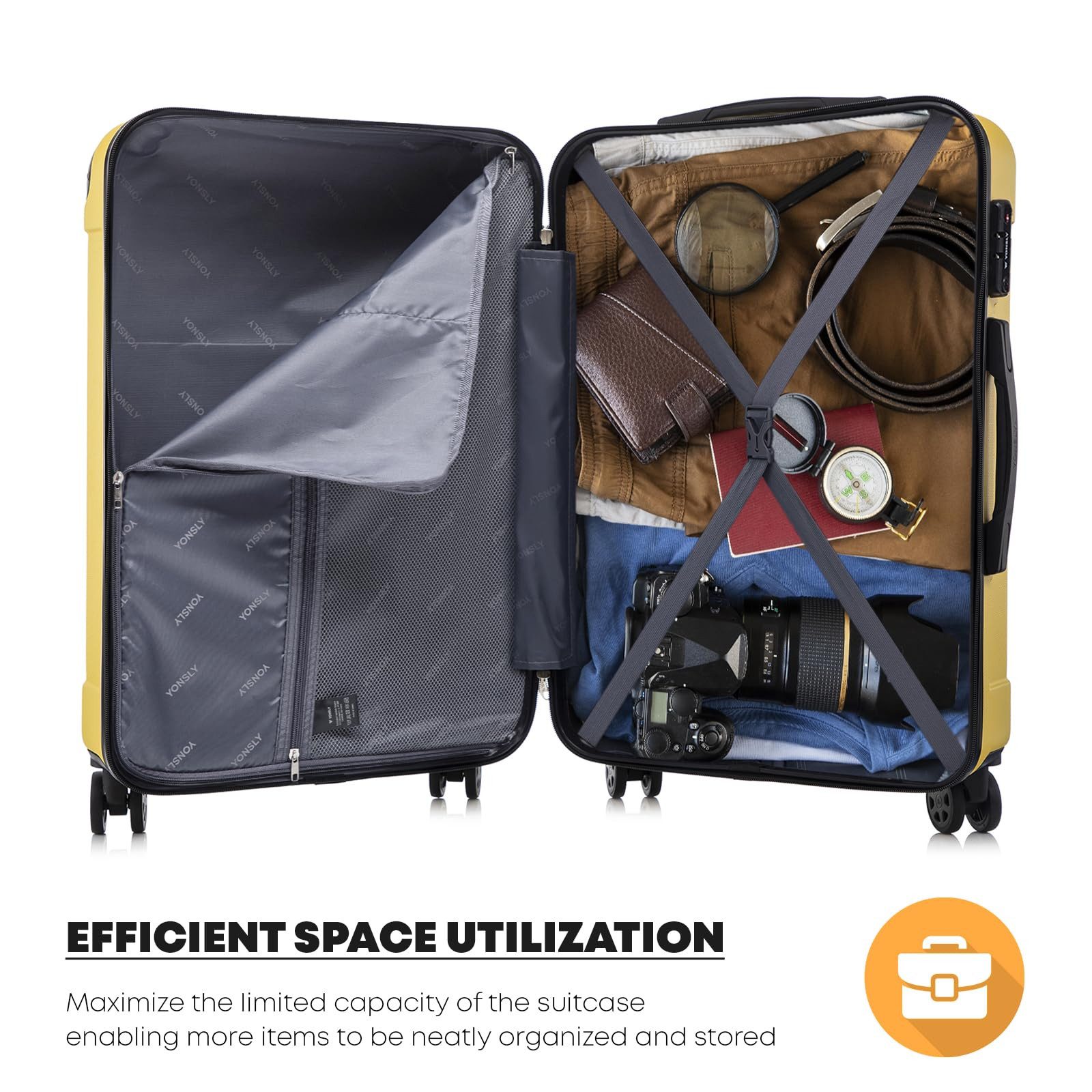 YONSLY Hartschalen-Trolley Premium Hartschalen-Reisekoffer Trolley Kabinenkoffer, 4 Rollen, TSA-Schloss, YKK-Reißverschluss, austauschbare Rollen & Griffe