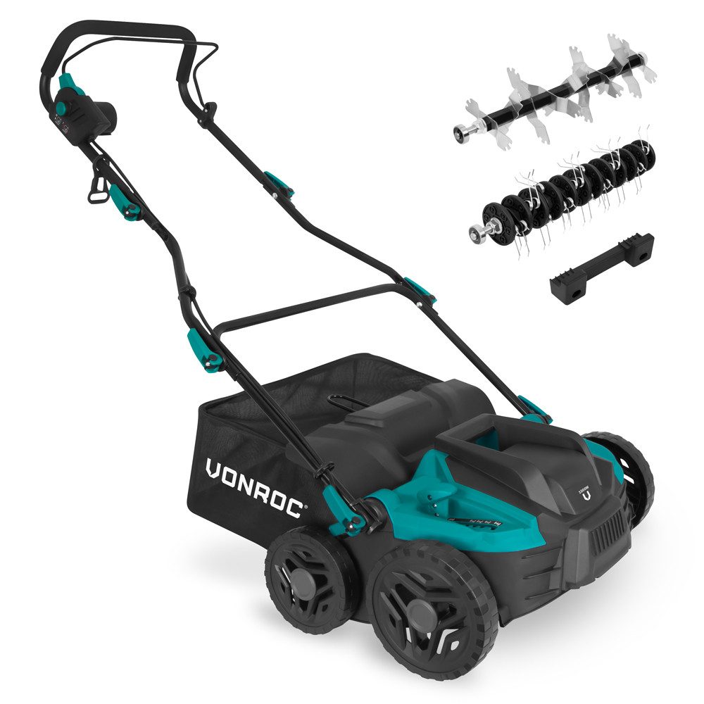 VONROC Elektro-Vertikutierer, 36 cm Arbeitsbreite, (Rasenbelüfter 1500W), Einstellbare Schnitttiefe, Klappbar, inklusive 45 Liter Fangkorb