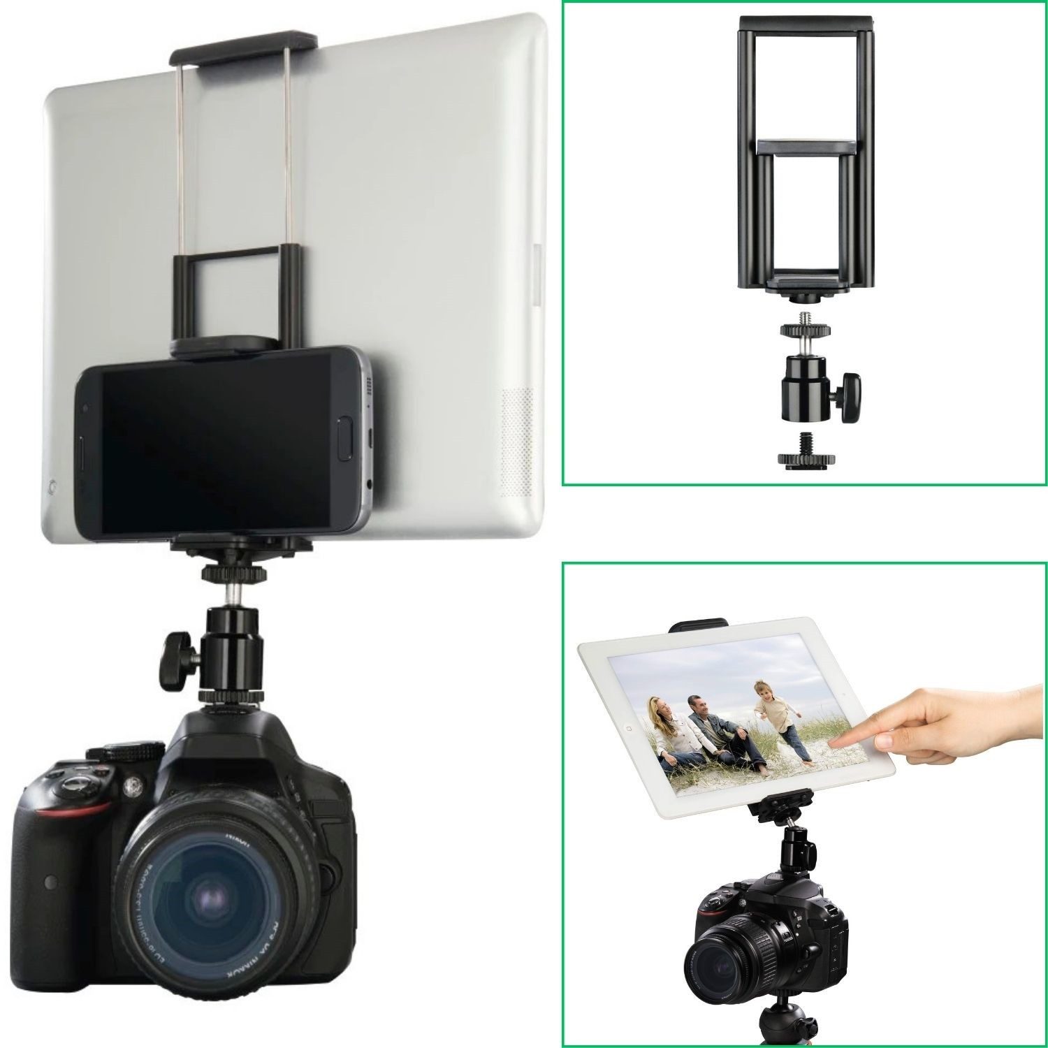 Hama Blitzschuh-Adapter 1/4" + Smartphone Tablet Halter Kamerastativ (2in1 Halterung Stativ Kugelkopf Kaltschuh Aufsatz Kamera DSLR SLR)