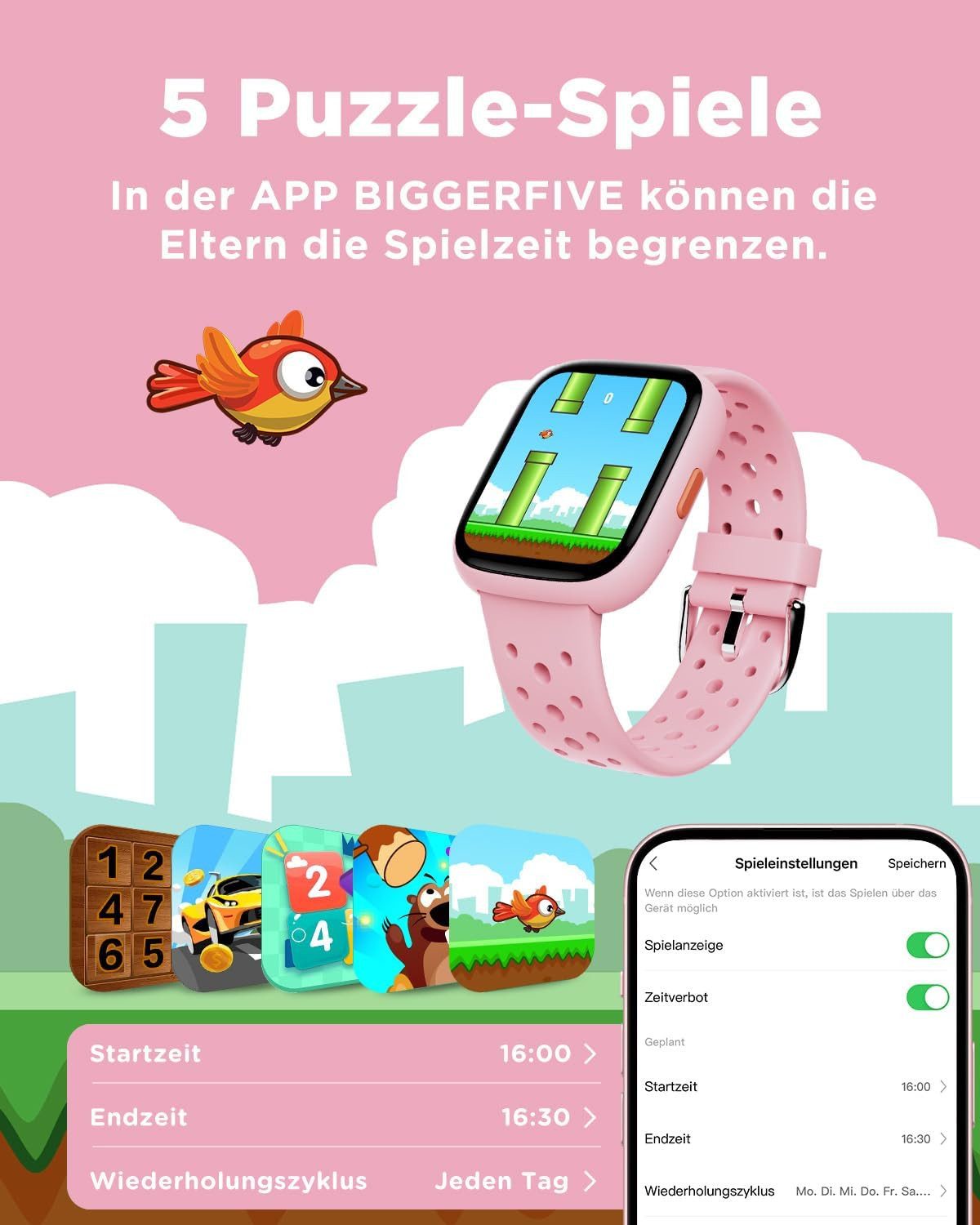 BIGGERFIVE BW02 Smartwatch (2,5 cm, sim-karte), Smartwatch für Kinder und Jugendliche mit Fitness Tracking