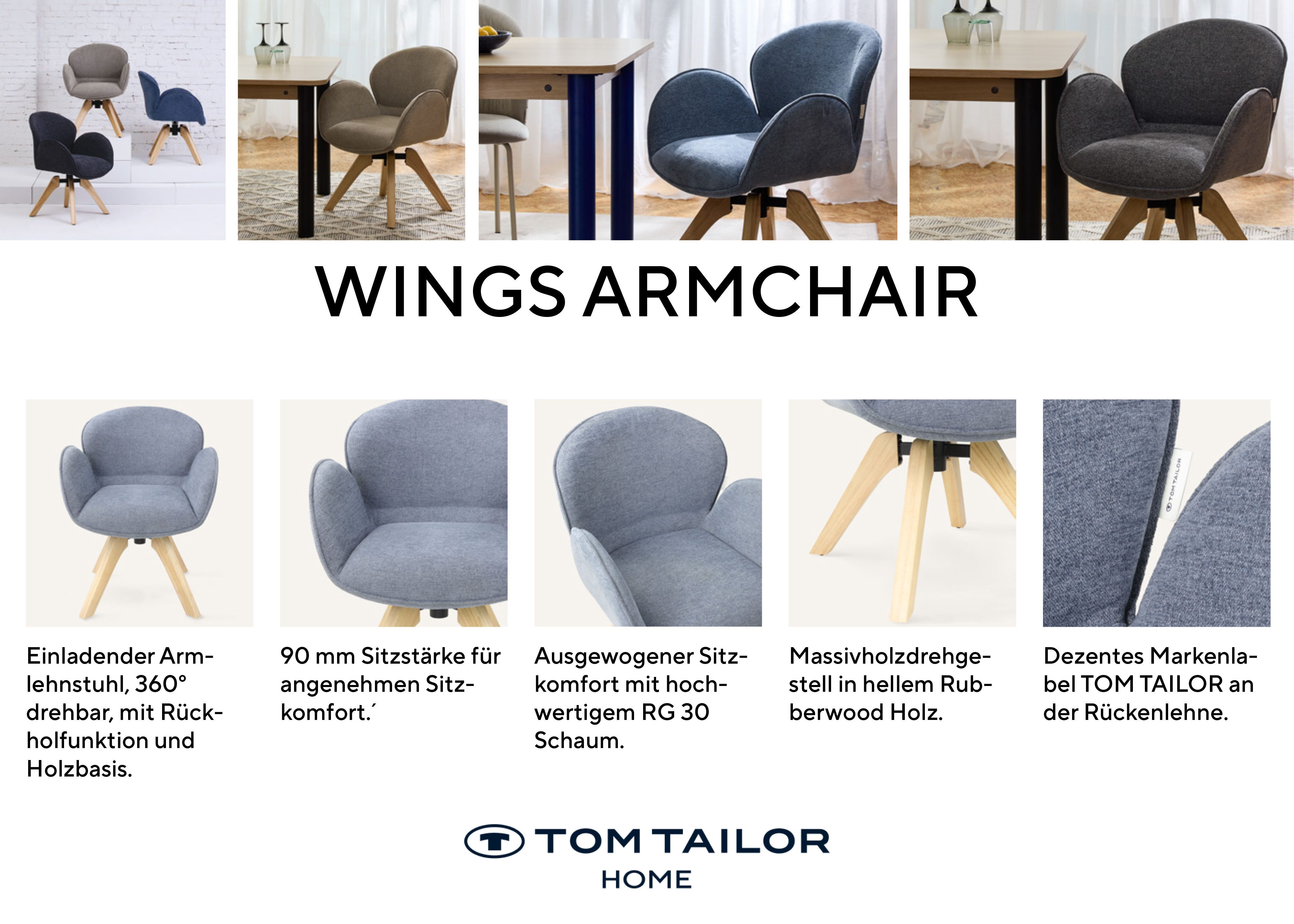 TOM TAILOR HOME Armlehnstuhl WINGS ARMCHAIR (Set, 2 St), mit Armlehnen, drehbar, Rückholfunktion, Massivholzgestell – Bild 5 von 5