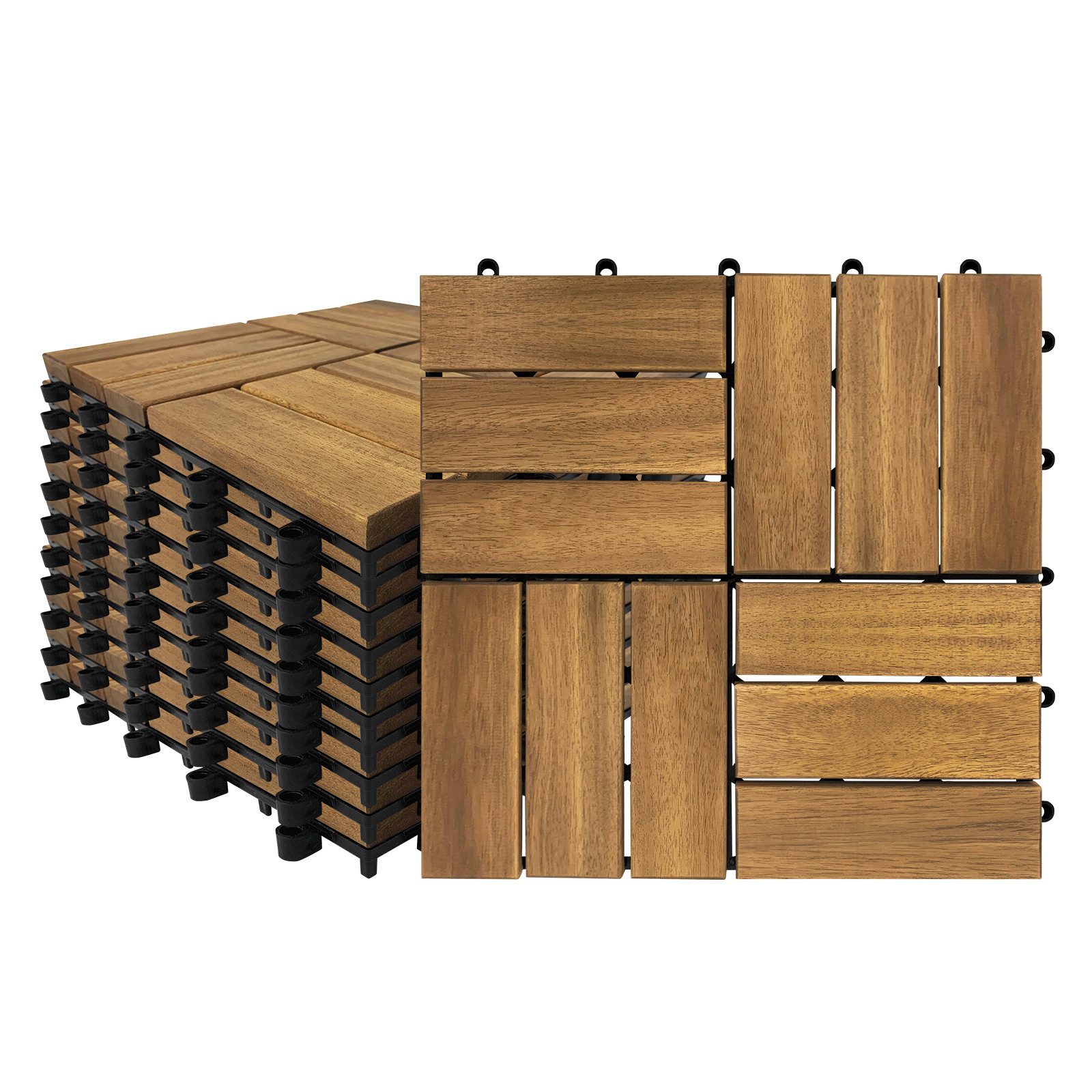 FIVMEN Holzfliesen Mosaik aus Akazie 6/12 Latten Fliese 30x30 cm Terrassenfliese, 55 St., Balkonfliesen wetterfest aus Akazienholz mit Klicksystem