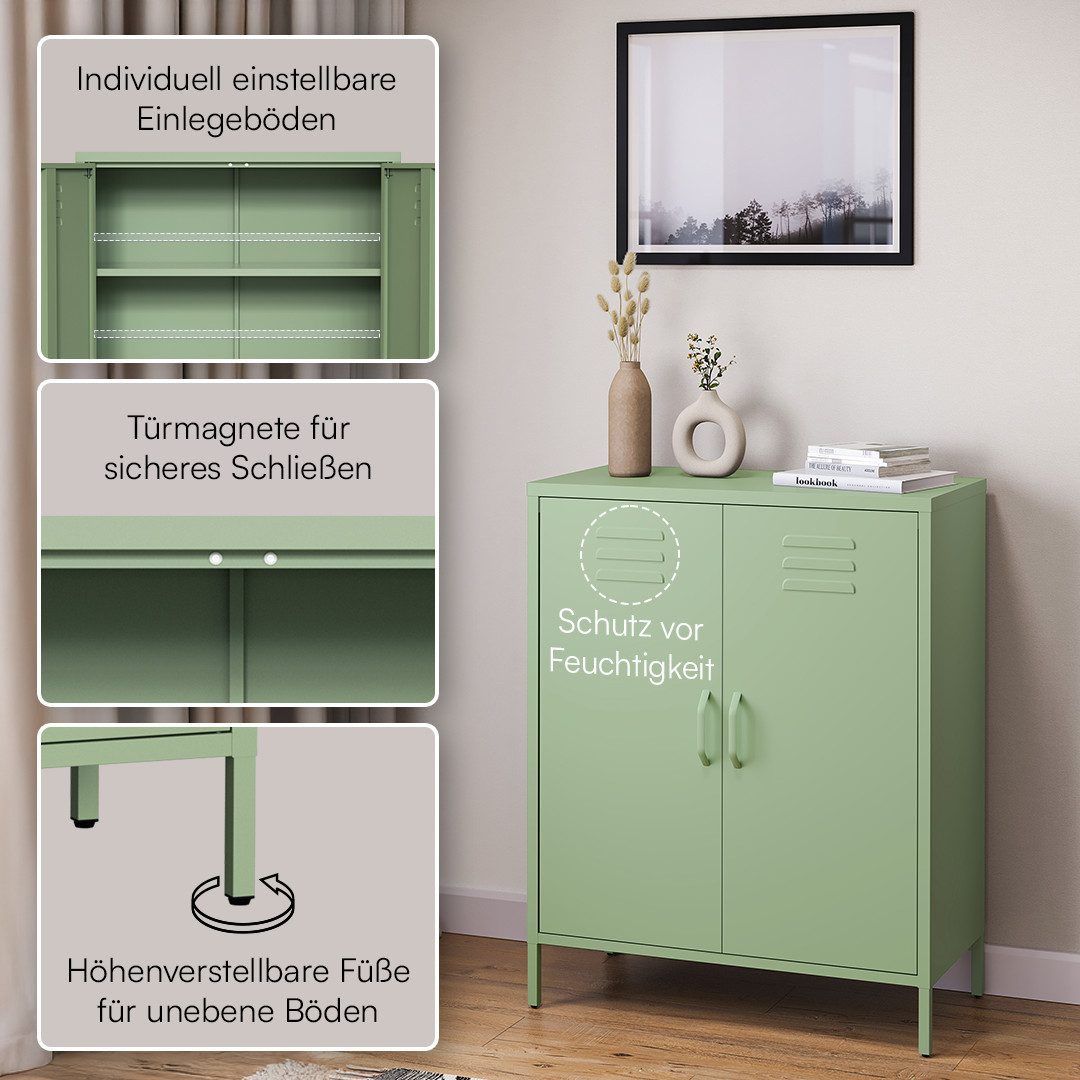 skølm Kommode Atria aus Metall (Grün, 3 Fächer), höhenverstellbare Böden, Highboard auch verfügbar mit Schubladen