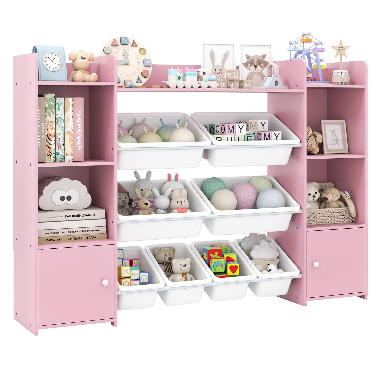 COSTWAY Kinderregal, 4-stöckiges Spielzeugregal mit 8 Boxen, Holz, rosa günstig online kaufen