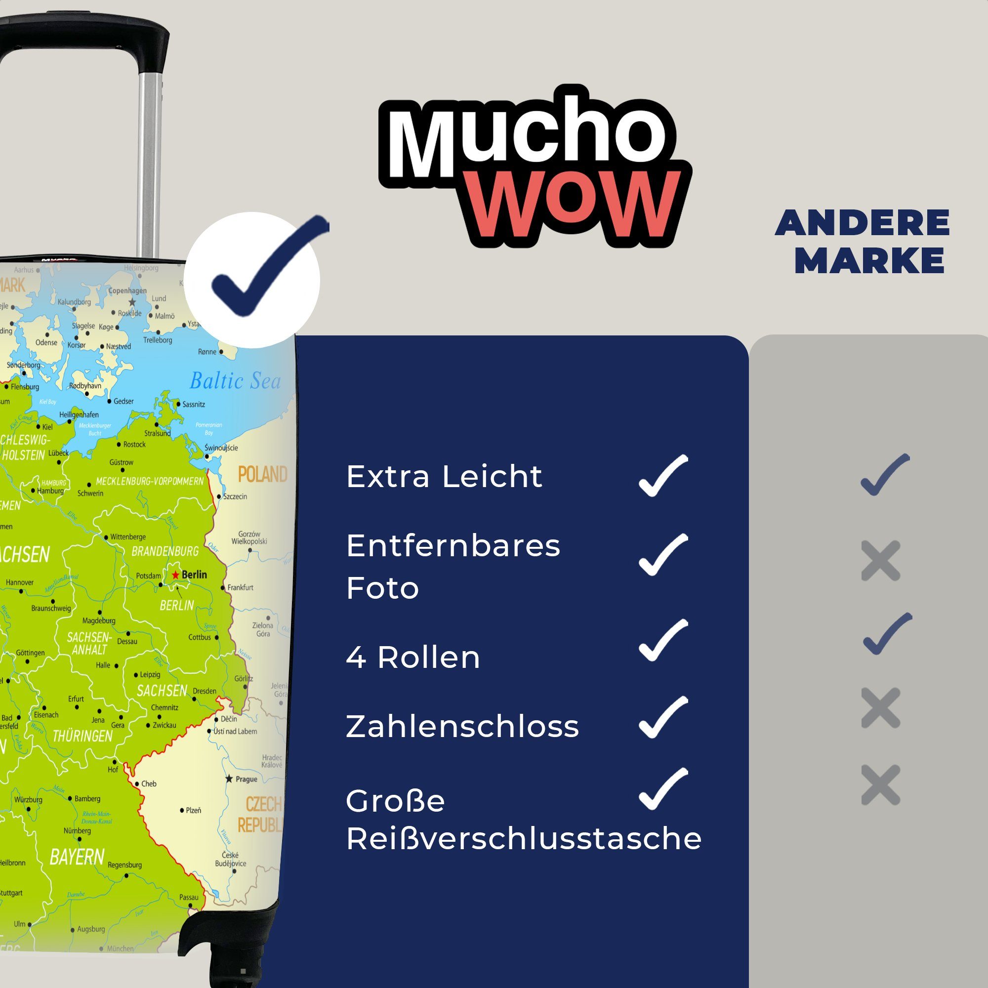 Trolley, mit Handgepäckkoffer Handgepäck Ferien, MuchoWow rollen, 4 Reisetasche Reisekoffer für Deutschlandkarte, Bunte Rollen,