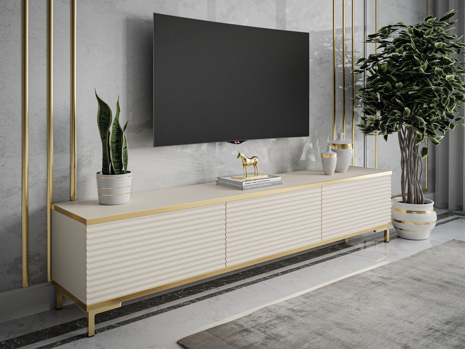 ALLHOUSE24 TV-Schrank RIVERA geriffelte Fronten goldene Füße TV Unterschran günstig online kaufen