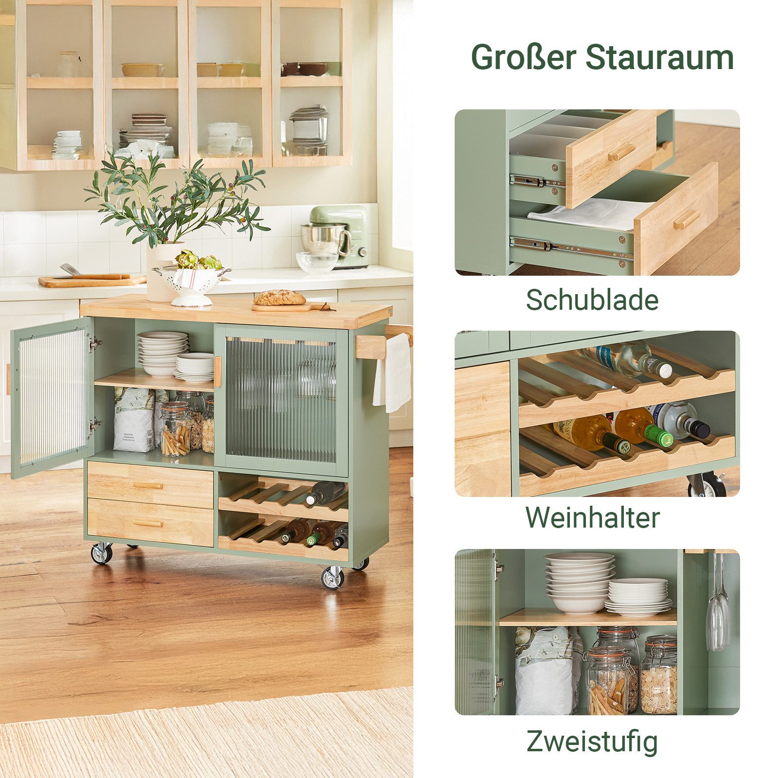 SoBuy Küchenwagen FKW114, Servierwagen Küchen Aufbewahrungseinheit auf Rollen, Küchenschrank mit Arbeitsplatte Kücheninsel Rollwagen Sideboard – Bild 3 von 5