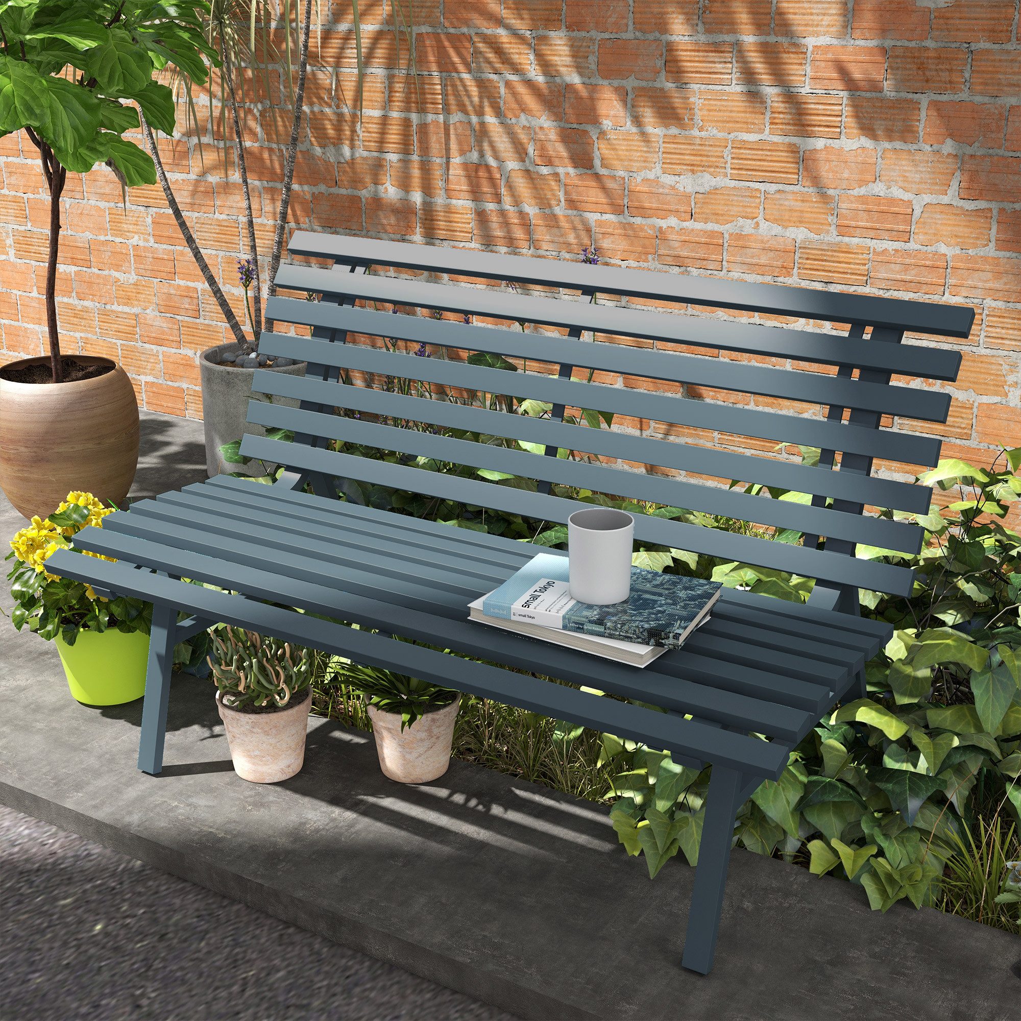 Outsunny Gartenbank aus Alu, mit Lamellen-Design, 240kg belastbar (wetterfest Sitzbank, 1-St., 2-Sitzer Gartenmöbel), für Balkon, Terrasse, Garten, 123 x 67 x 79cm, Blau