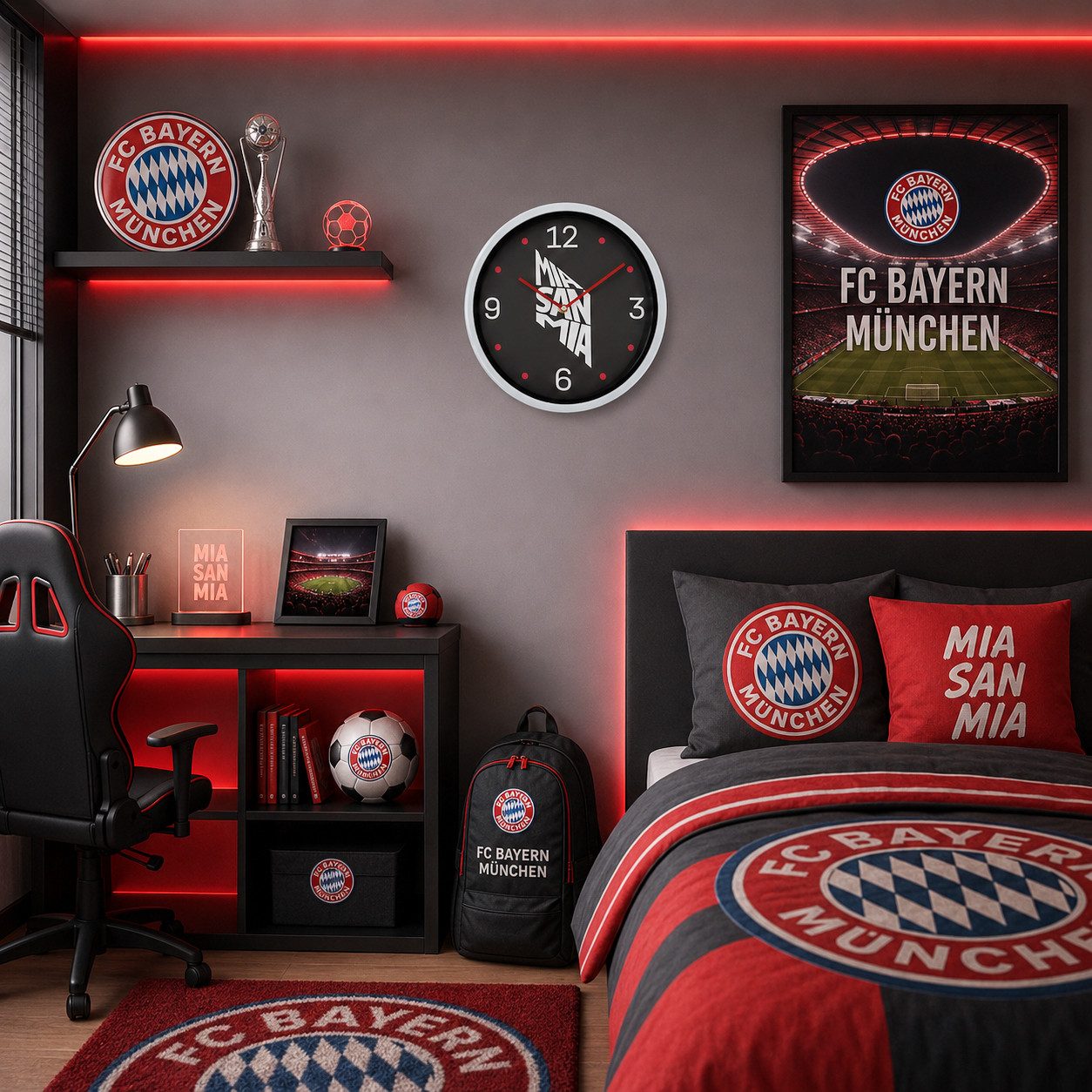 K&L Wall Art Wanduhr FC Bayern München Wanduhr Mia San Mia FCB Fußball Deko (lautloses Uhrwerk ohne Ticken)