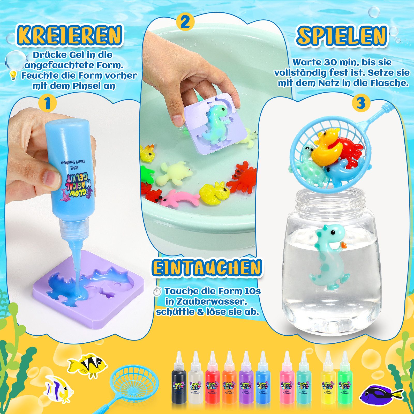 Wootoy Kreativset Wasserfeen DIY-Set Sensorik- und Experimentierspiel Bastelset, (mit 6 Basisgele 2 Glitzergele 2 Leuchtgele 8 Formen Wasserelfen-Pulver, 28-tlg., Fördert Kreativität Feinmotorik Konzentration Hand-Augen-Koordination), ideal für Kinder die Basteln Experimentieren kreative Projekte lieben