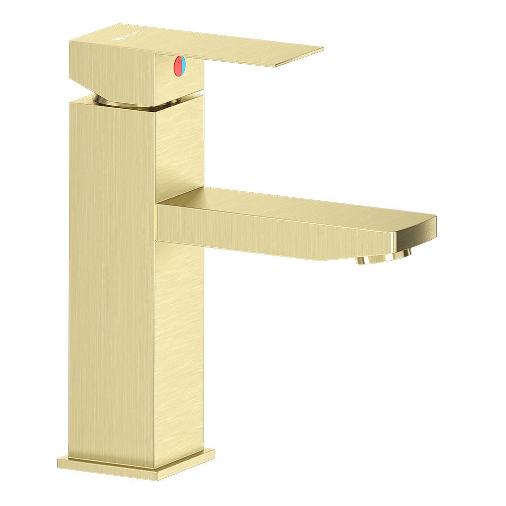 Lomadox Badarmatur FAUCET-140 Edelstahl Waschbeckenarmatur 18 cm hoch in Goldfarben, gebürstet