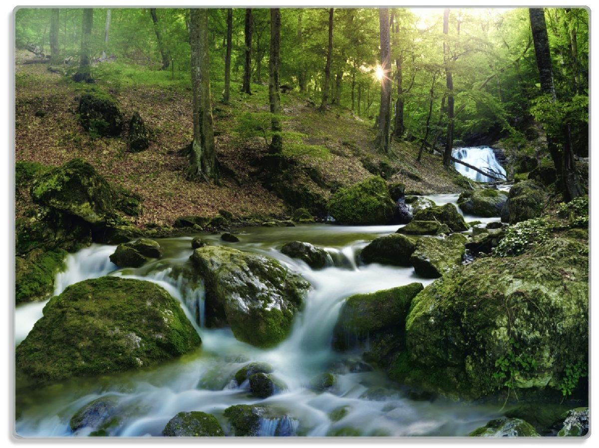 Wallario Schneidebrett Fließender Bach im Wald bei Sonnenuntergang, ESG-Sicherheitsglas, (inkl. rutschfester Gummifüße 4mm, 1-St), 30x40cm