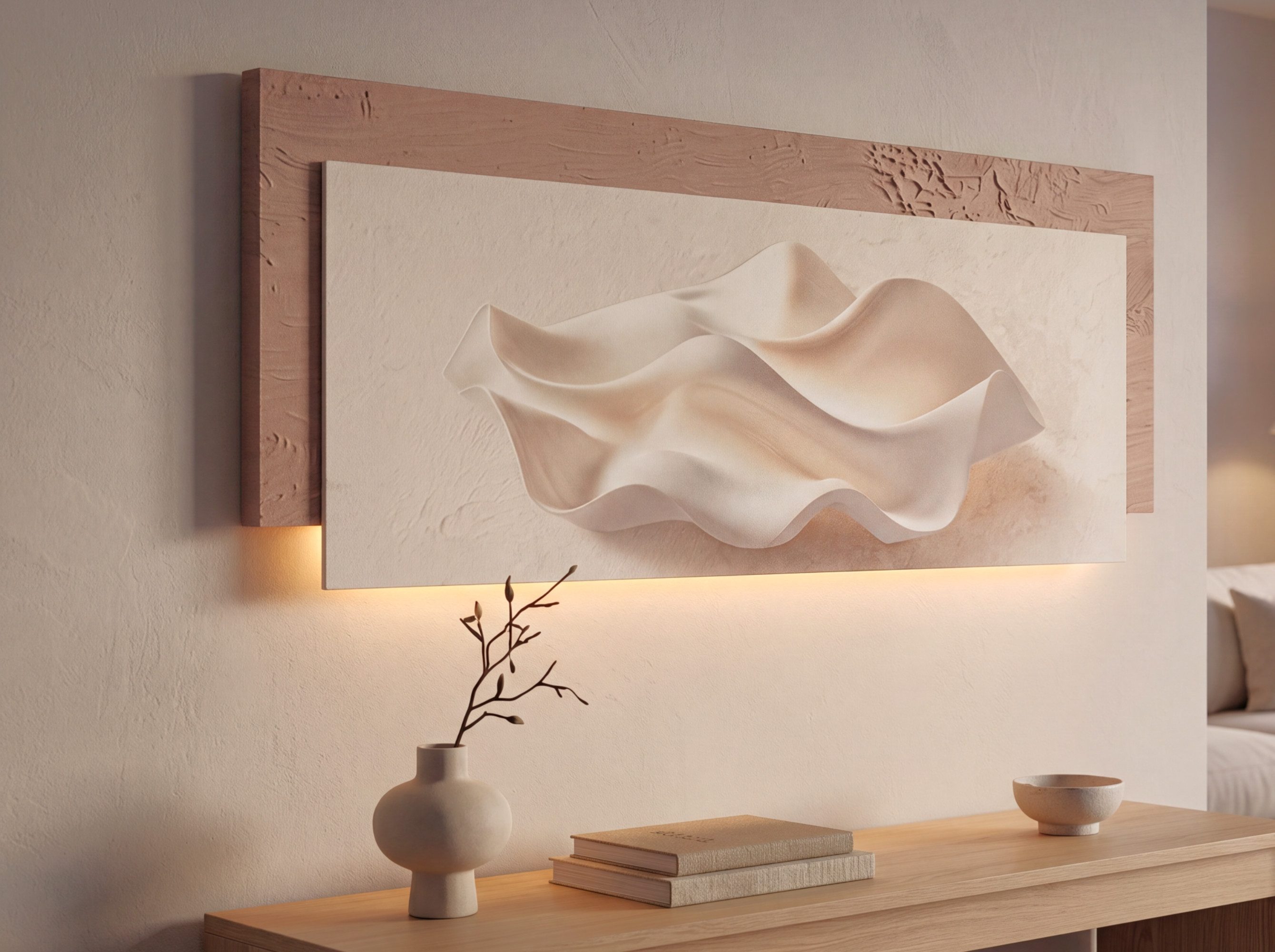 Arnusa LED-Bild Wanddekoration mit Licht 115x44 cm Beige strukturiert Bild Dekoration, Muschel, großes Wandbild mit warmweißer Beleuchtung