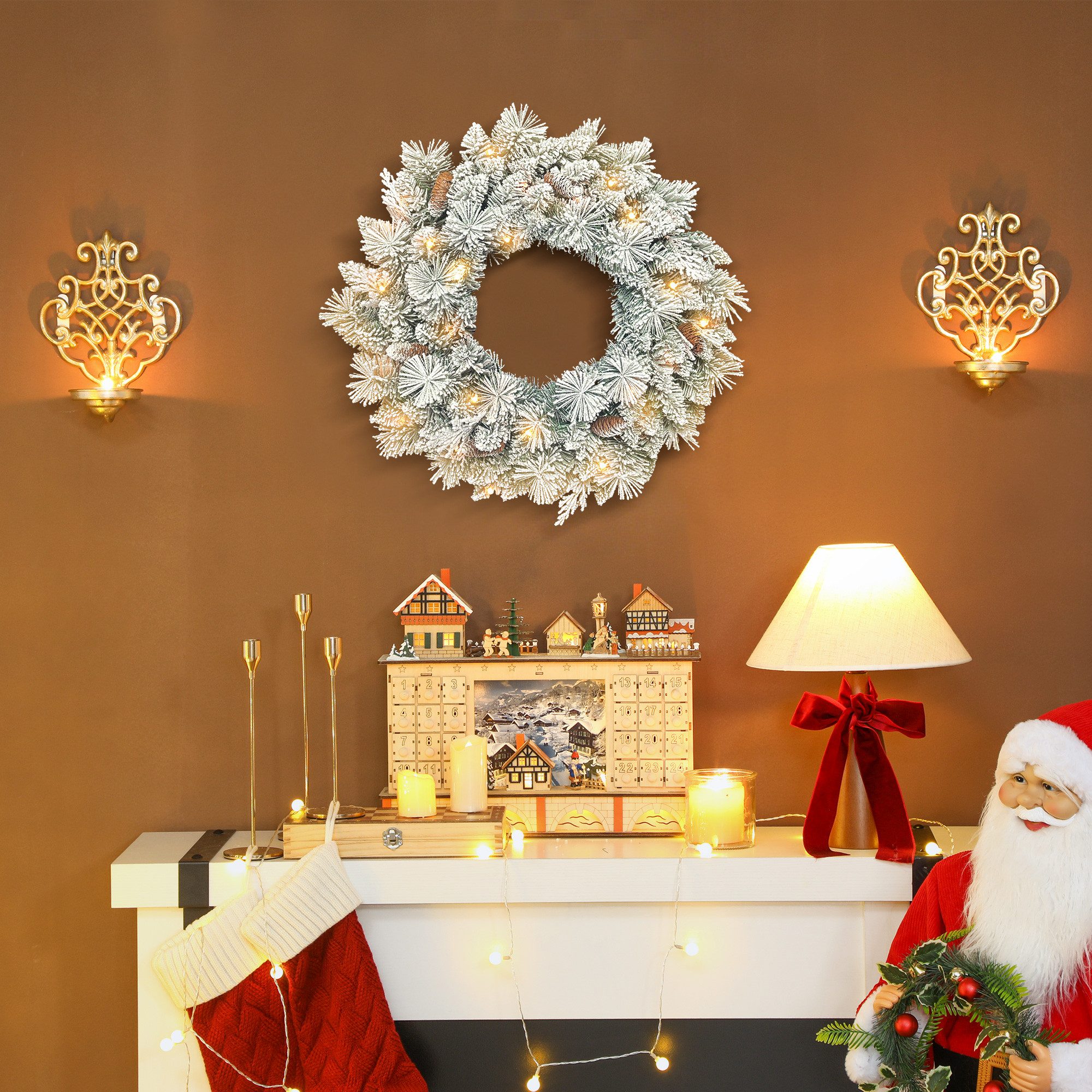 HOMCOM Adventskranz Künstlicher Weihnachtskranz mit Schneespitzen, LEDs, Batteriebetrieb