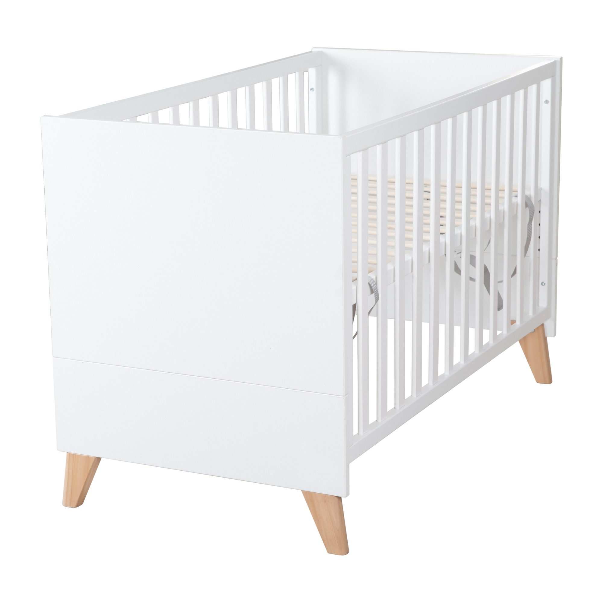 Babybett Leon 60 x 120 cm aus stabilem Holz - Weiß / Othello Eiche - Gitterbett