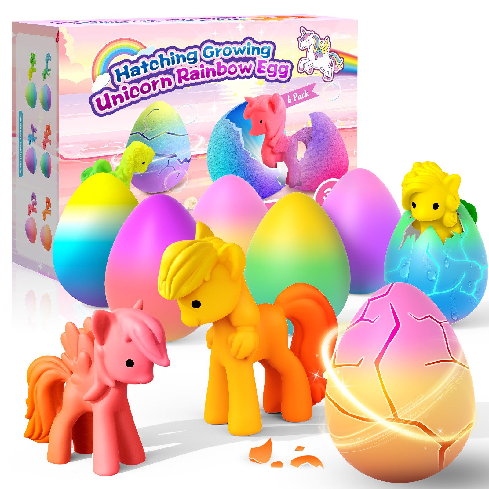 Wootoy Kreativset Schlüpf-Eier Einhorn Osterei Magische Wachstums-Eier Wasser-Spielzeug, (Lernspielzeug für Kinder ab 3 Jahren, 6-tlg., Wachstumseffekt bis zu 600), Ideal als Mitgebsel Partygeschenk Überraschung oder Geschenkidee