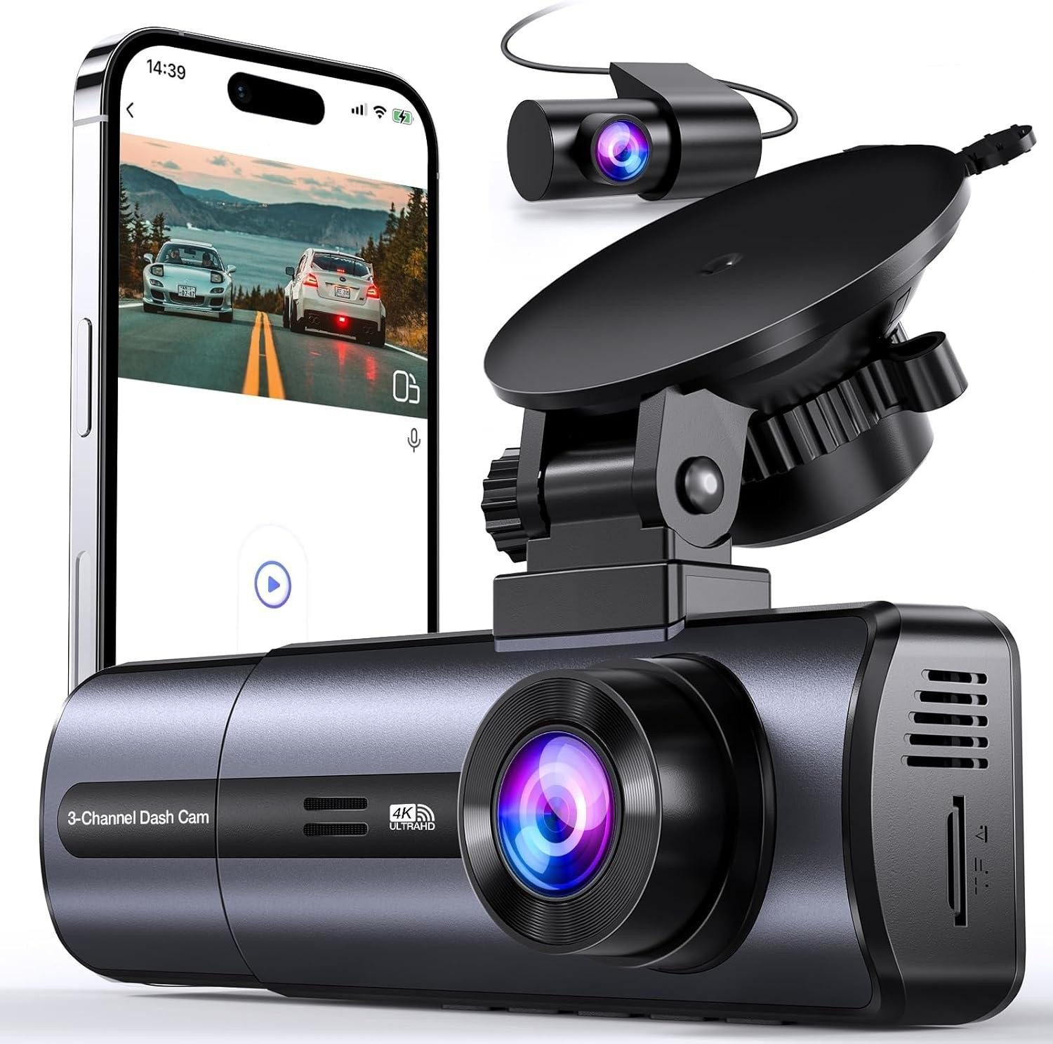 Goldstern-Tech Dashcam (4K Ultra HD, Wifi, Dashcam mit Front-, Rück- & Innenkamera, 3-Kanal, WLAN, IPS-Display, Night Vision, G-Sensor & Parküberwachung)