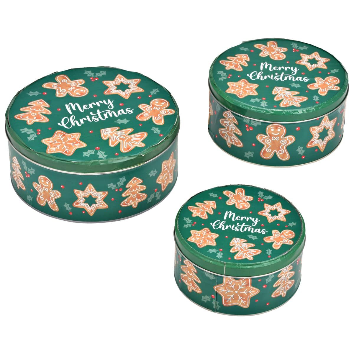 matches21 HOME & HOBBY Vorratsdose Große Metall Plätzchendosen Merry Christmas Spruch grün im 3er Set, Metall, (3-tlg), Runde Weihnachten Blech Vorratsdosen als Keks-Dosen in 19, 17, 14 cm