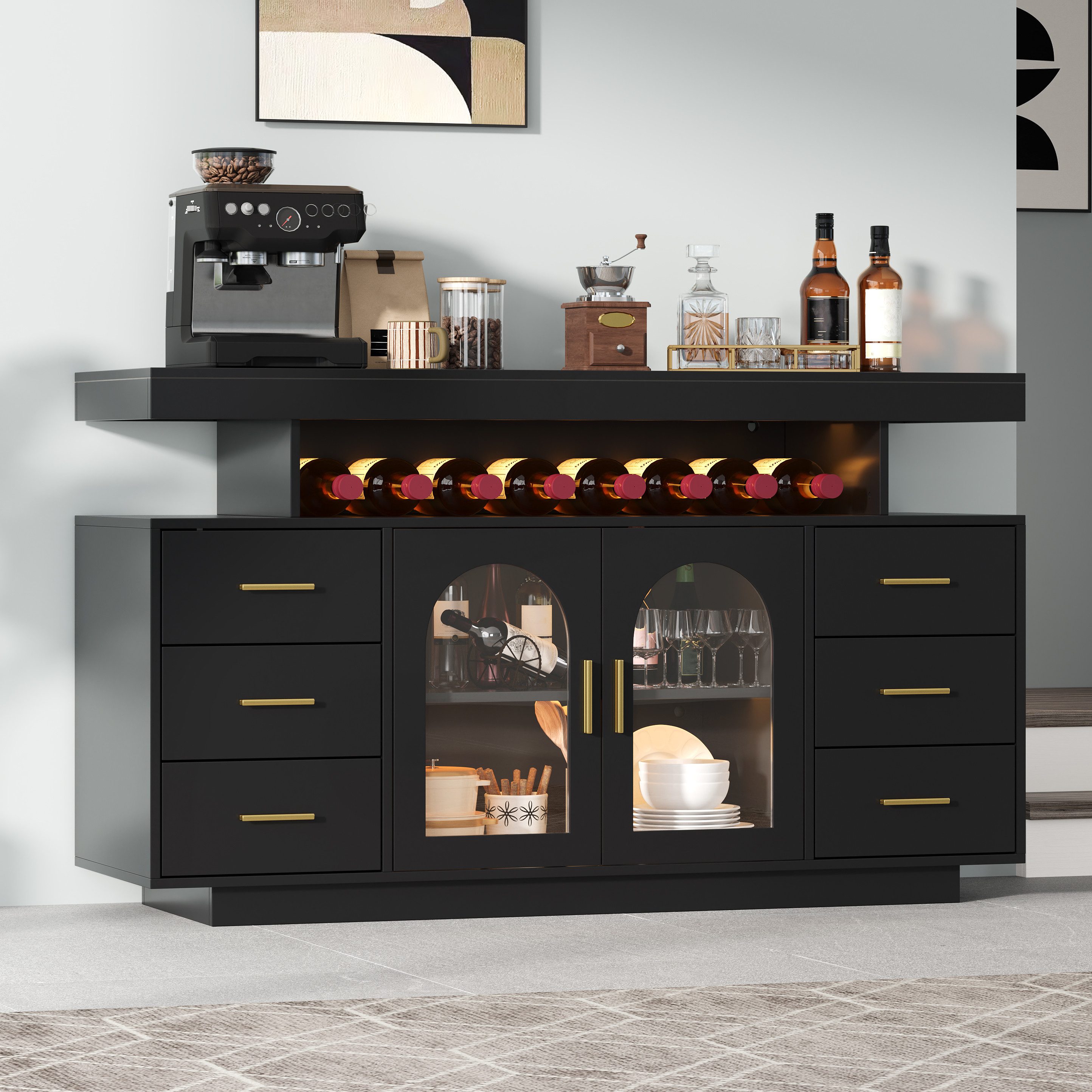 Flieks Kommode Weinschrank mit LED-Beleuchtung, 6 Schubladen, 2 Glastüren Sideboard (B140/T40/H82 cm, 1 St., Schrank für Wohnzimmer, Esszimmer, Schlafzimmer), M – Bild 3 von 5