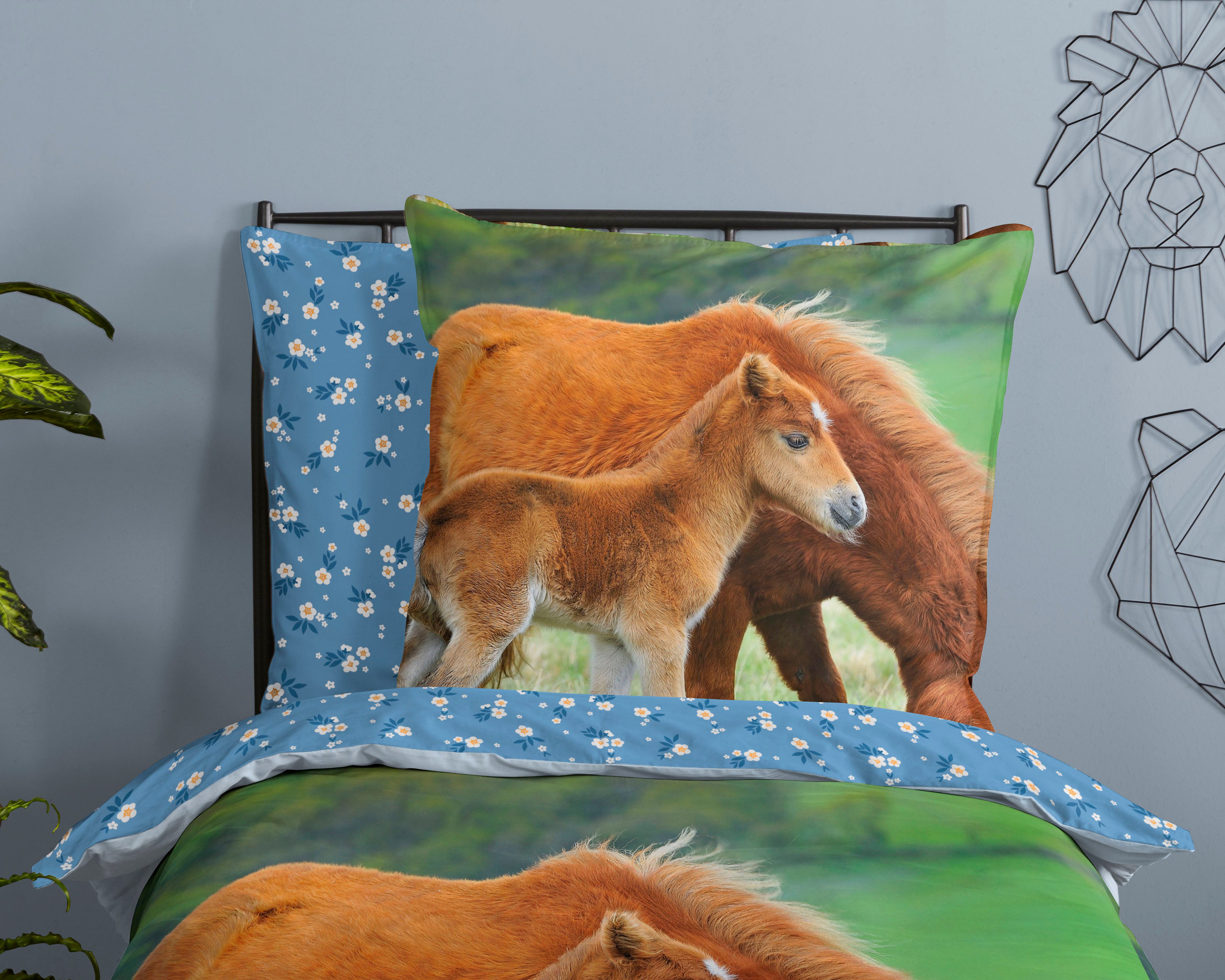 good morning Kinderbettwäsche Regine, Renforcé, 2 teilig, Baumwolle, 135x200, Reißverschluss, Wendeoptik, Kind, Mädchen, Pferd