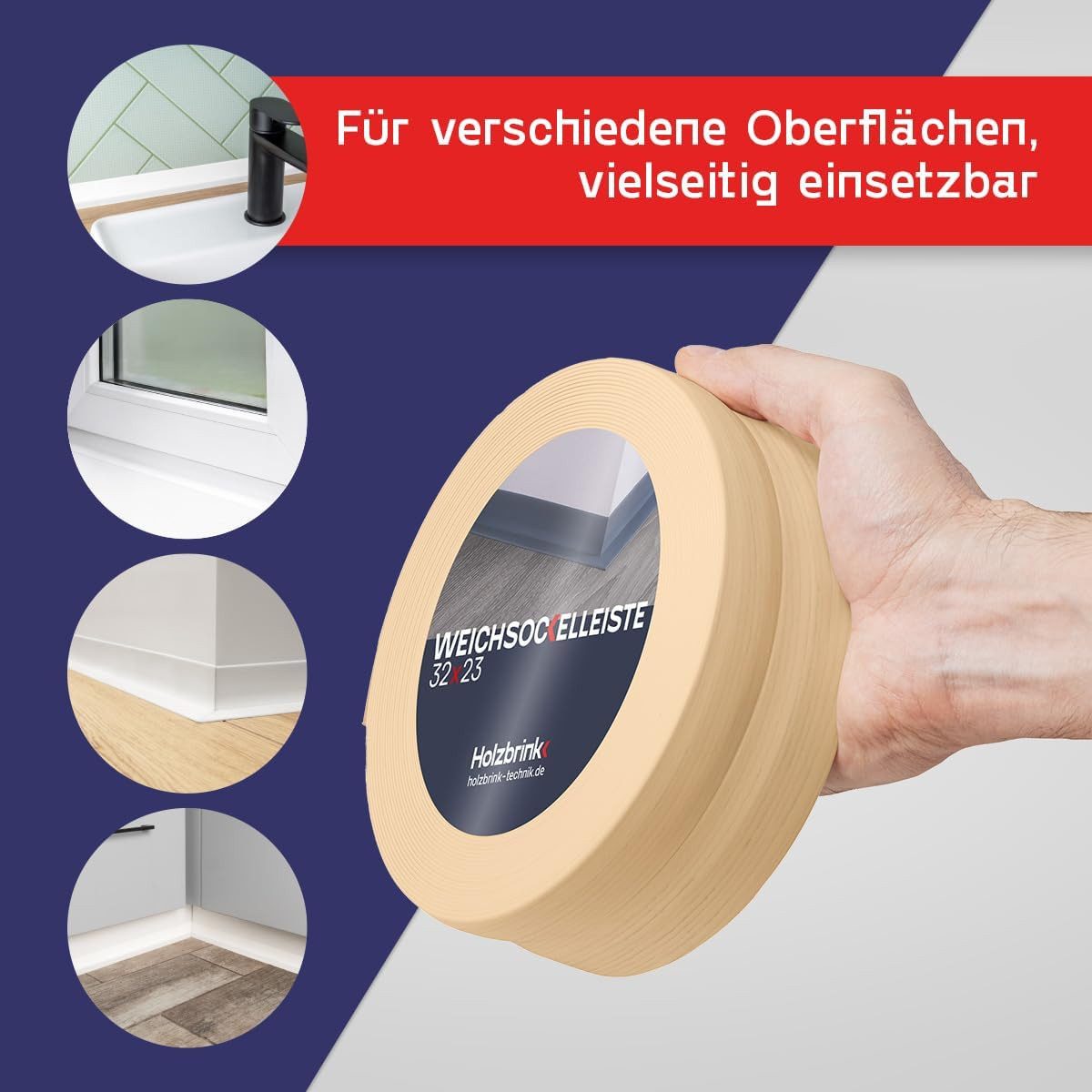 HOLZBRINK Sockelleiste HOLZBRINK selbstklebend PVC 32x23mm, 1 m, L: 100 cm, 1m Rolle, Küchenleiste Abschlussleiste für Badezimmer Farbe: Kiefer – Bild 4 von 5