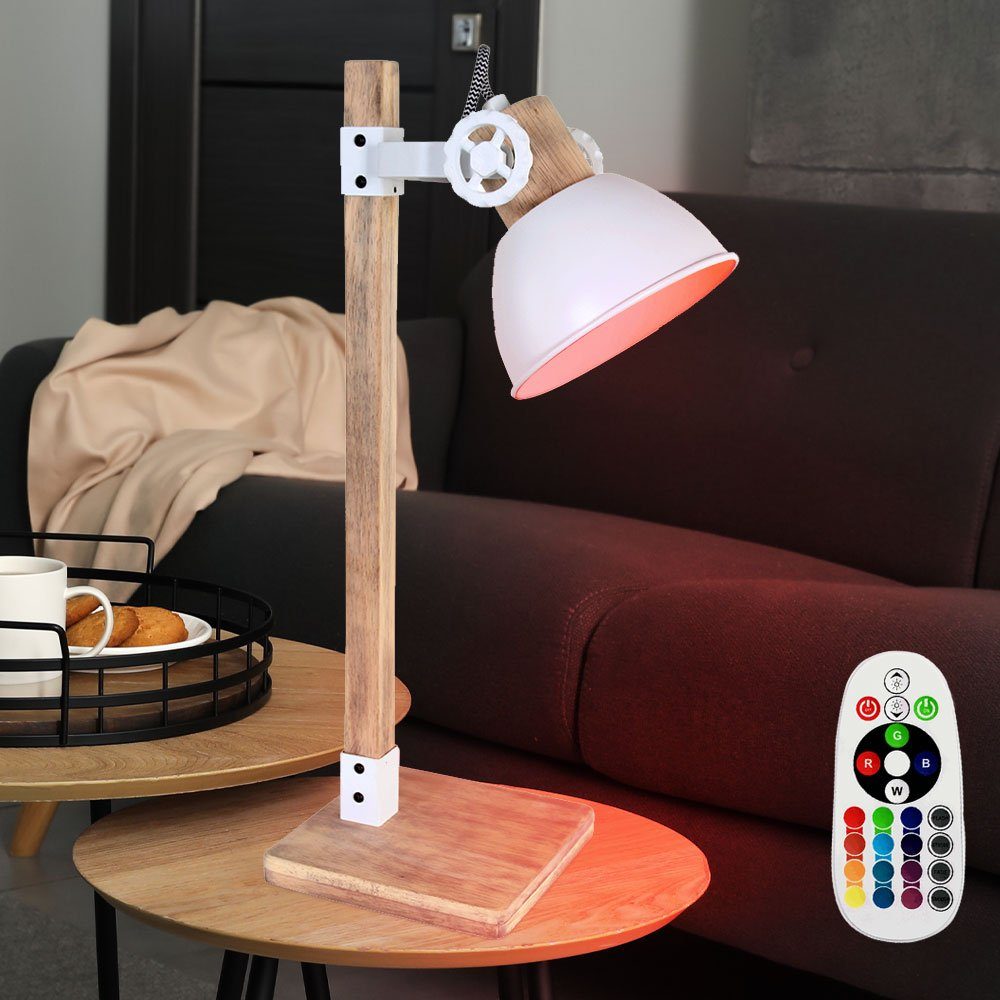 etc-shop LED Tischleuchte, Leuchtmittel inklusive, Warmweiß, Farbwechsel, Vintage Schreib Tisch Leuchte Fernbedienung weiß Holz Spot