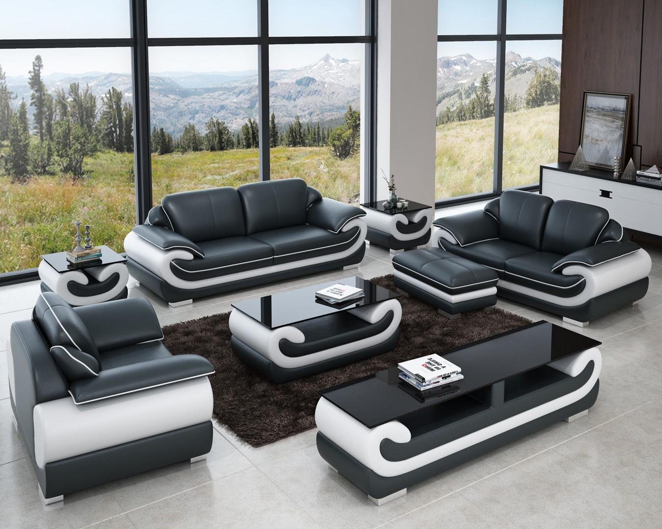 JVmoebel Wohnzimmer-Set Sofagarnitur 3+2+1 Sitzer 2x Beistelltisch Sideboard Hocker 7tlg.Set Grau/Weiß