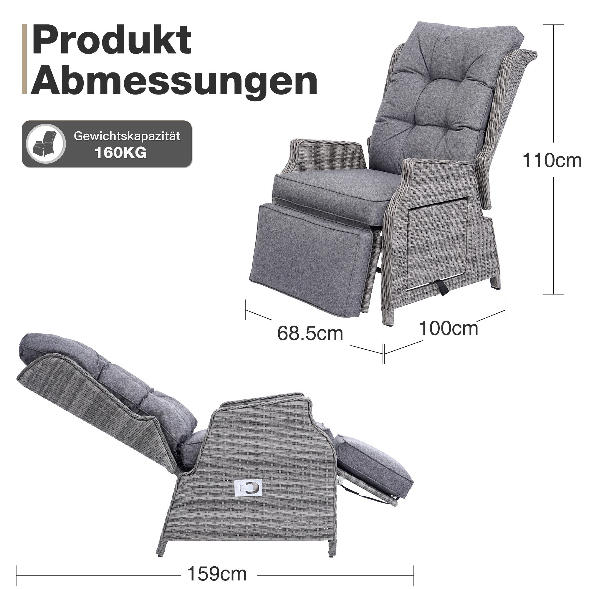 HOMECALL Rattanstuhl Gartensessel Indoor Verstellbar Liegestuhl Gartenliege balkonliege (Wetterfester Rahmen, klappbarem Beistelltisch und Fußstütze, 1 St), COM – Bild 4 von 5