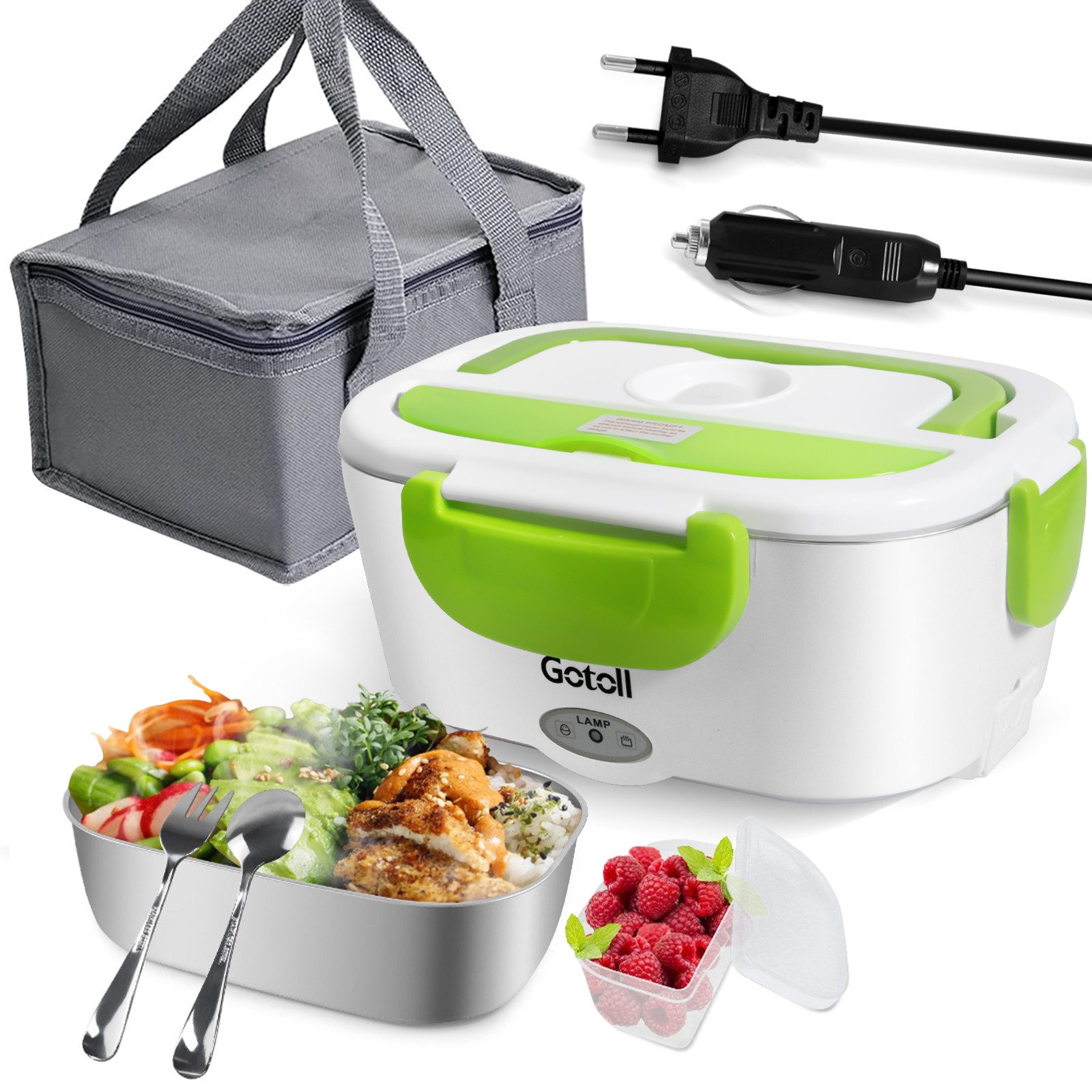 Gotoll Elektrische Lunchbox 1,95L Elektrische Brotdose 12V/220V für Auto & Zuhause, Kunststoff, (60W Schnellheizung, Edelstahl‑Innenbehälter), Elektrische Bentobox mit Löffel  Gabel & Lunchbag Set