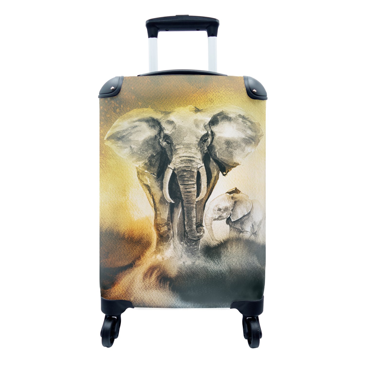 MuchoWow Handgepäckkoffer Elefant - Aquarellfarbe - Gelb, 4 Rollen, Reisetasche mit rollen, Handgepäck für Ferien, Trolley, Reisekoffer