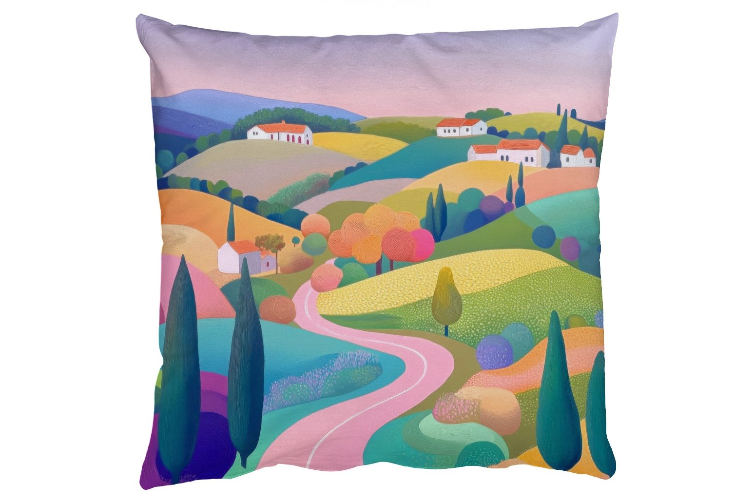 MuchoWow Dekokissen Landschaft - Lila - Pastell - Häuser, Zierkissen mit Füllung für Wohnzimmer, Sofakissen, 40x40 cm