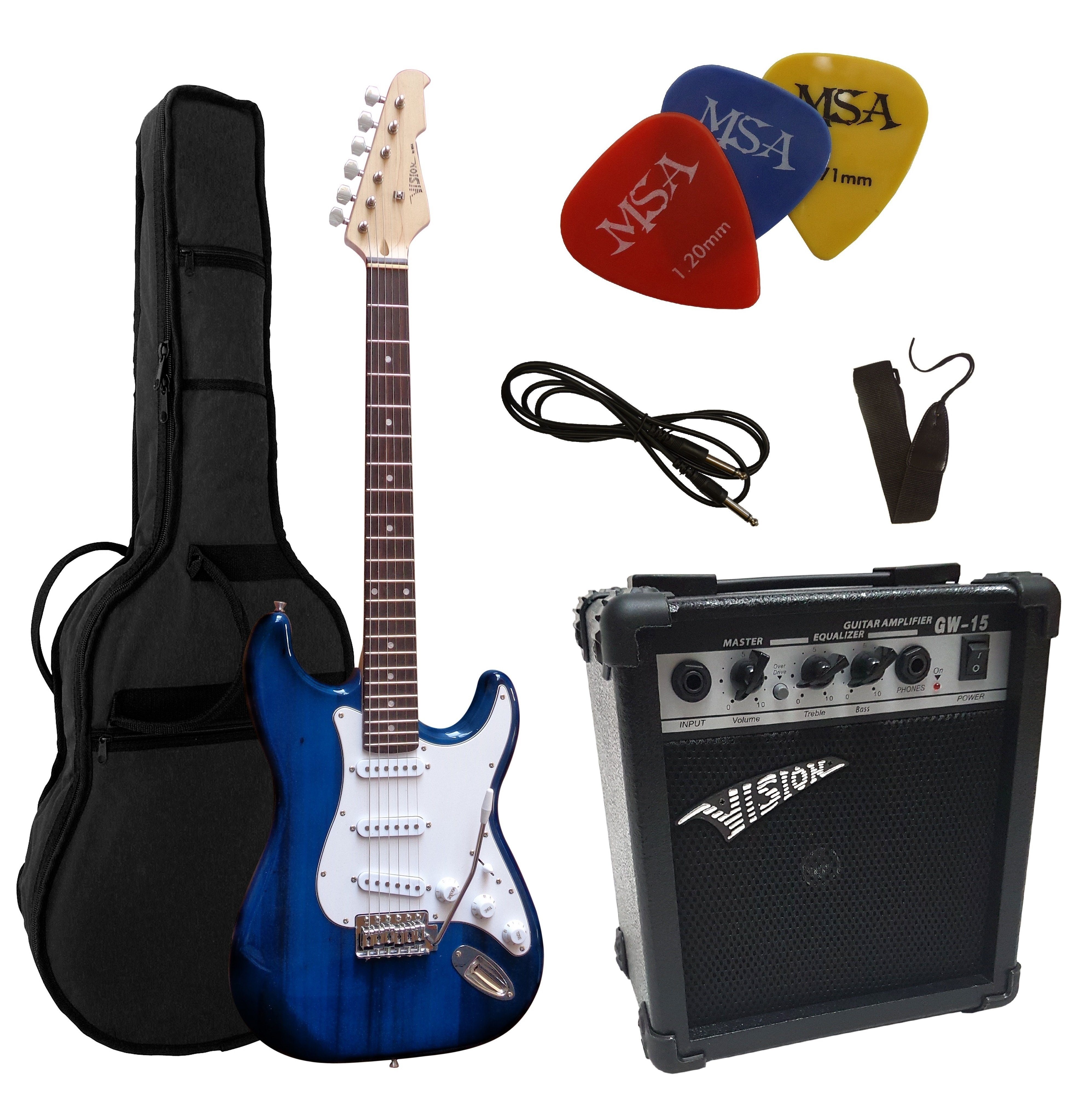 MSA E-Gitarre 3/4 Junior Gitarre im 20 Watt Set, Set mit Tasche, Band, 3xPleks, Kabel