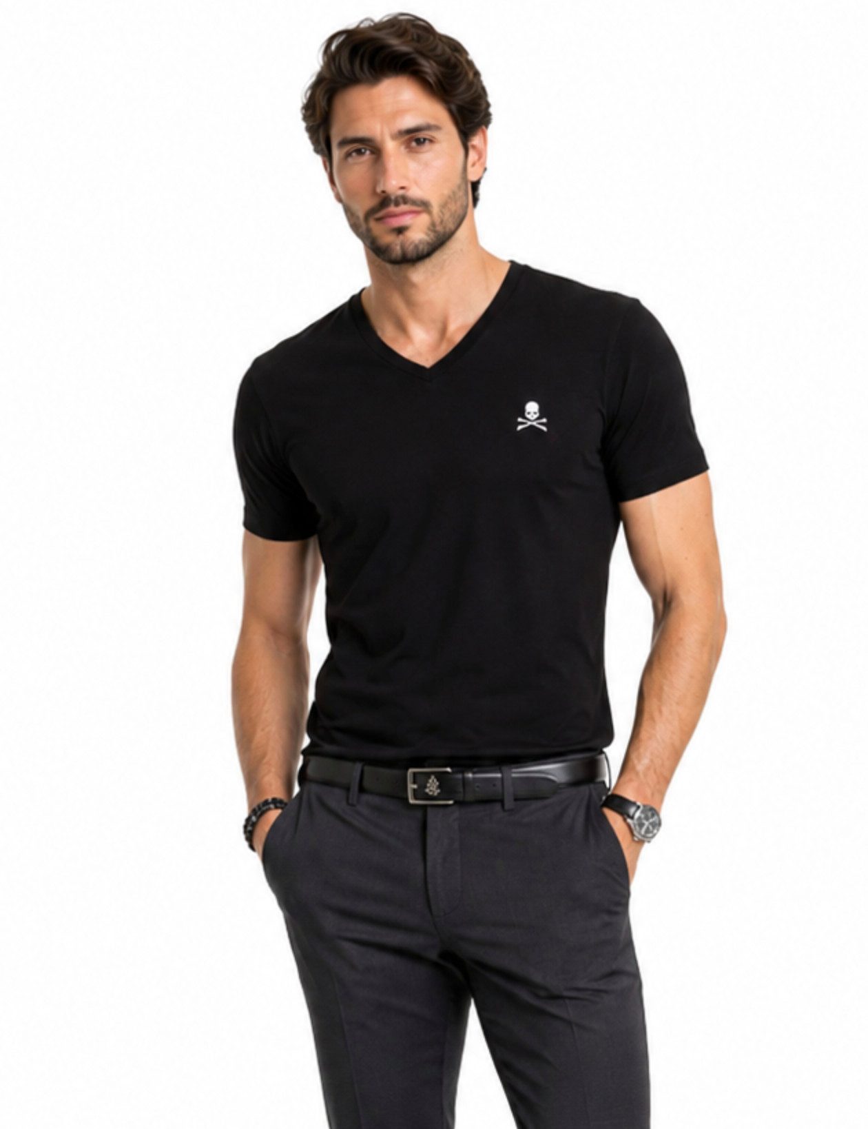 Philip Plein T-Shirt Herren V-Neck Retro Slim fit Stretch Shirt in bedruckter PP Geschenkbox