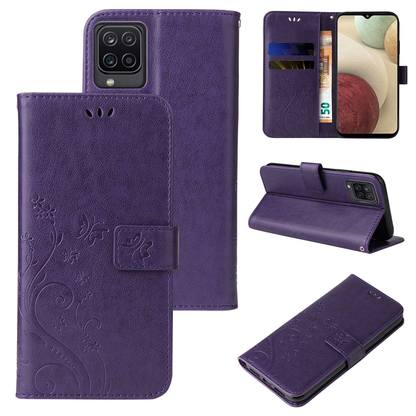 Tec-Expert Handyhülle Cover Tasche Hülle für Samsung Galaxy A12 6,5 Zoll, Klapphülle Case mit Kartenfach Fliphülle aufstellbar, Motiv Blumen