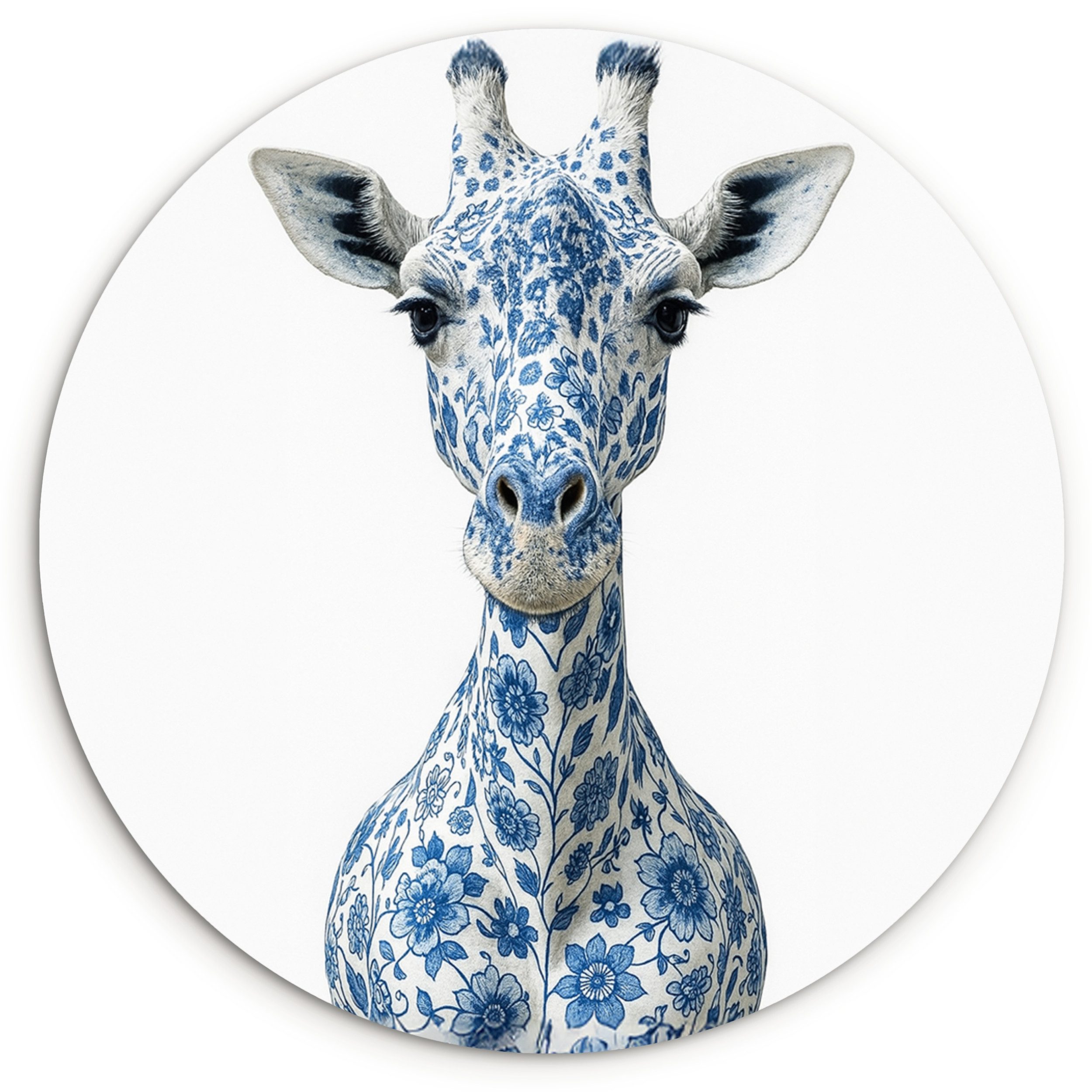 MuchoWow Gemälde Giraffe - Delfter Blau - Tiere - Minimalistisch, Fotodruck (1 St), Kreis Wanddekoration, Rundes Wandbild, 30x30 cm