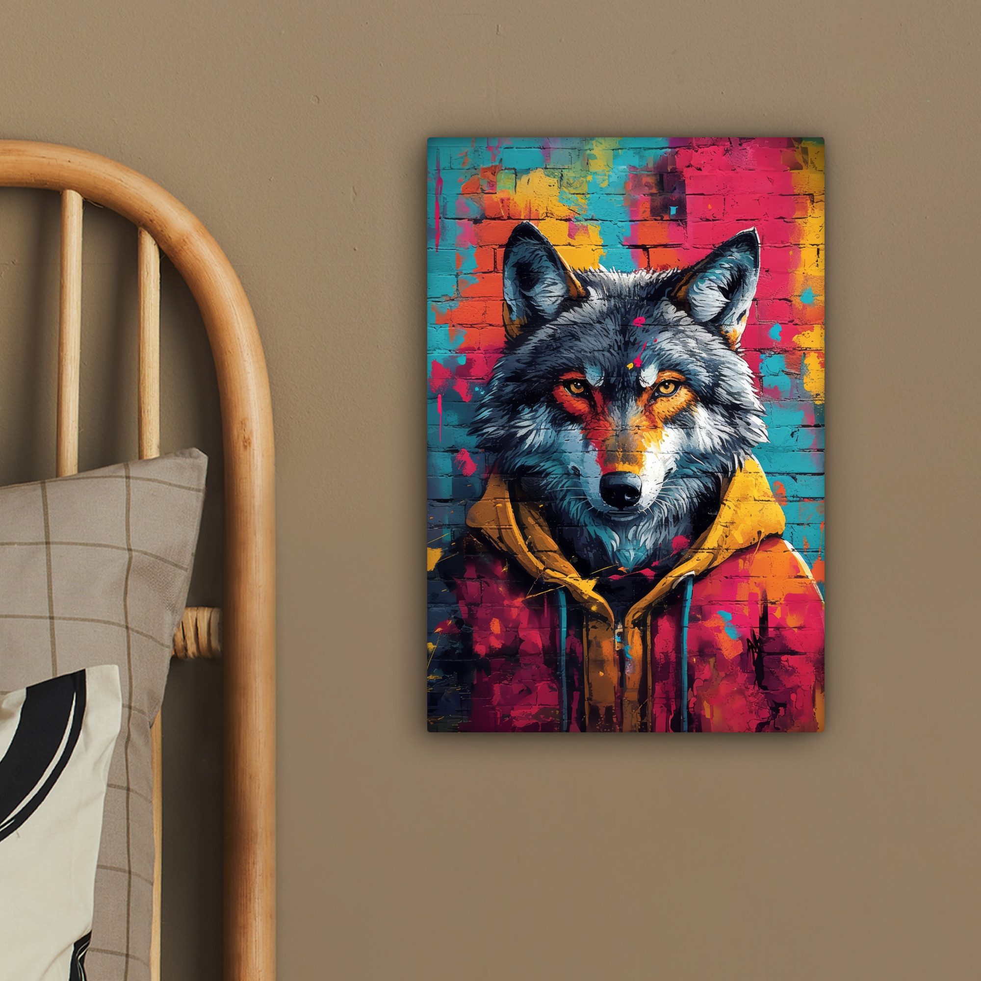 OneMillionCanvasses® Leinwandbild Graffiti - Wolf - Straßenkunst - Blau, Fotodruck (1 St), Wandbild, Deko Schlafzimmer Wohnzimmer Flur 20x20 cm – Bild 4 von 5