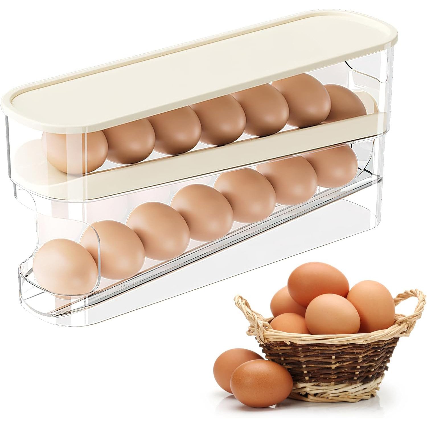 Refined Living Eierkorb 12 Eier Organizer Eierhalter Kühlschrank Eierbox Eier Aufbewahrung, (Automatisch Rollender Eierspender mit Deckel Transparent Vorratsdose, 1-tlg., Aufbewahrungsbox Frischhaltedose Egg Trays Küchenregal Platzsparender), Korbeinsatz