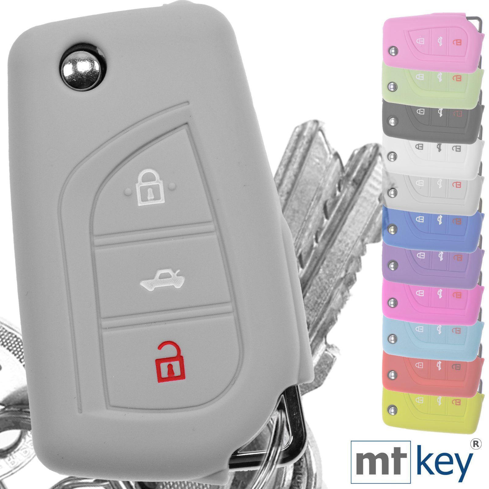 mt-key Schlüsseltasche Autoschlüssel Softcase Silikon Schutzhülle Grau, für Toyota AURIS Corolla Avensis 3 Tasten Klappschlüssel