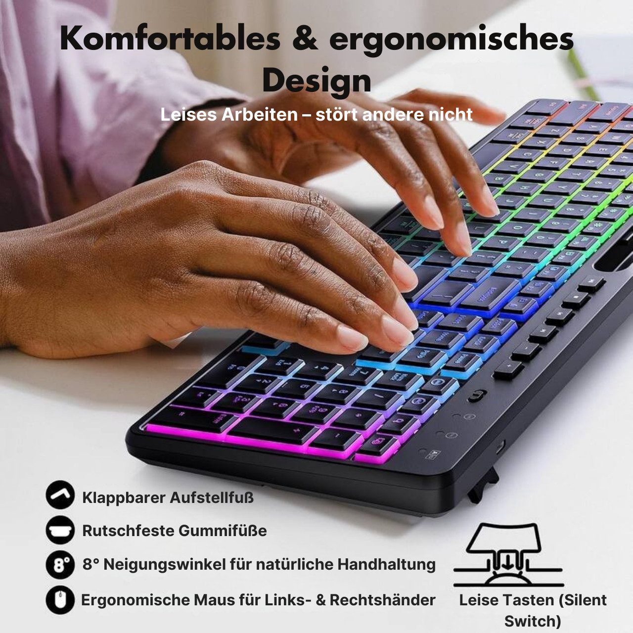 Goldstern-Tech Wireless-Tastatur (Kabelloses Tastatur-Maus-Set mit RGB, USB-C, 2,4 GHz Funkverbindung)