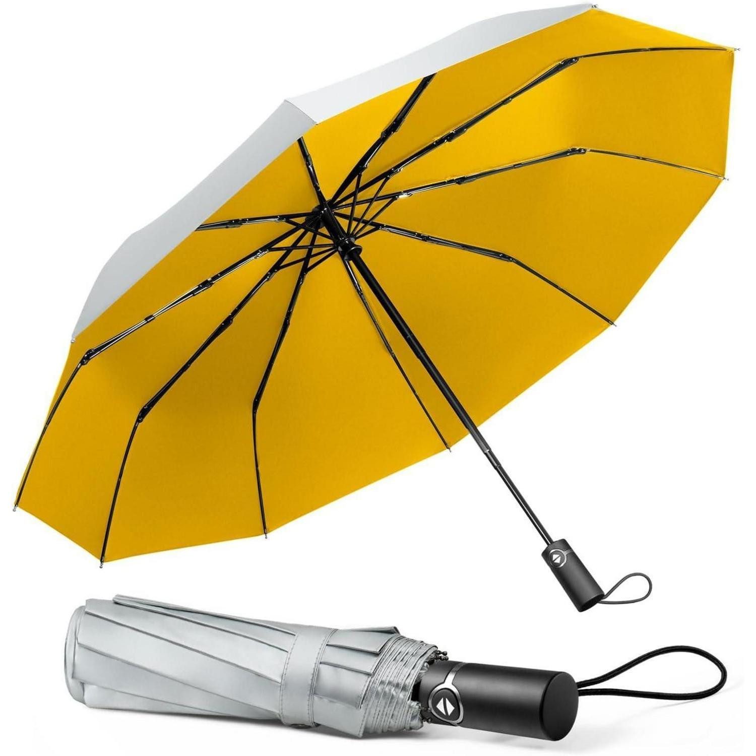 LuxusKollektion Taschenregenschirm Taschenschirm Sturmfest Automatisch 10 Rippen Windsicher Gelb & Silber