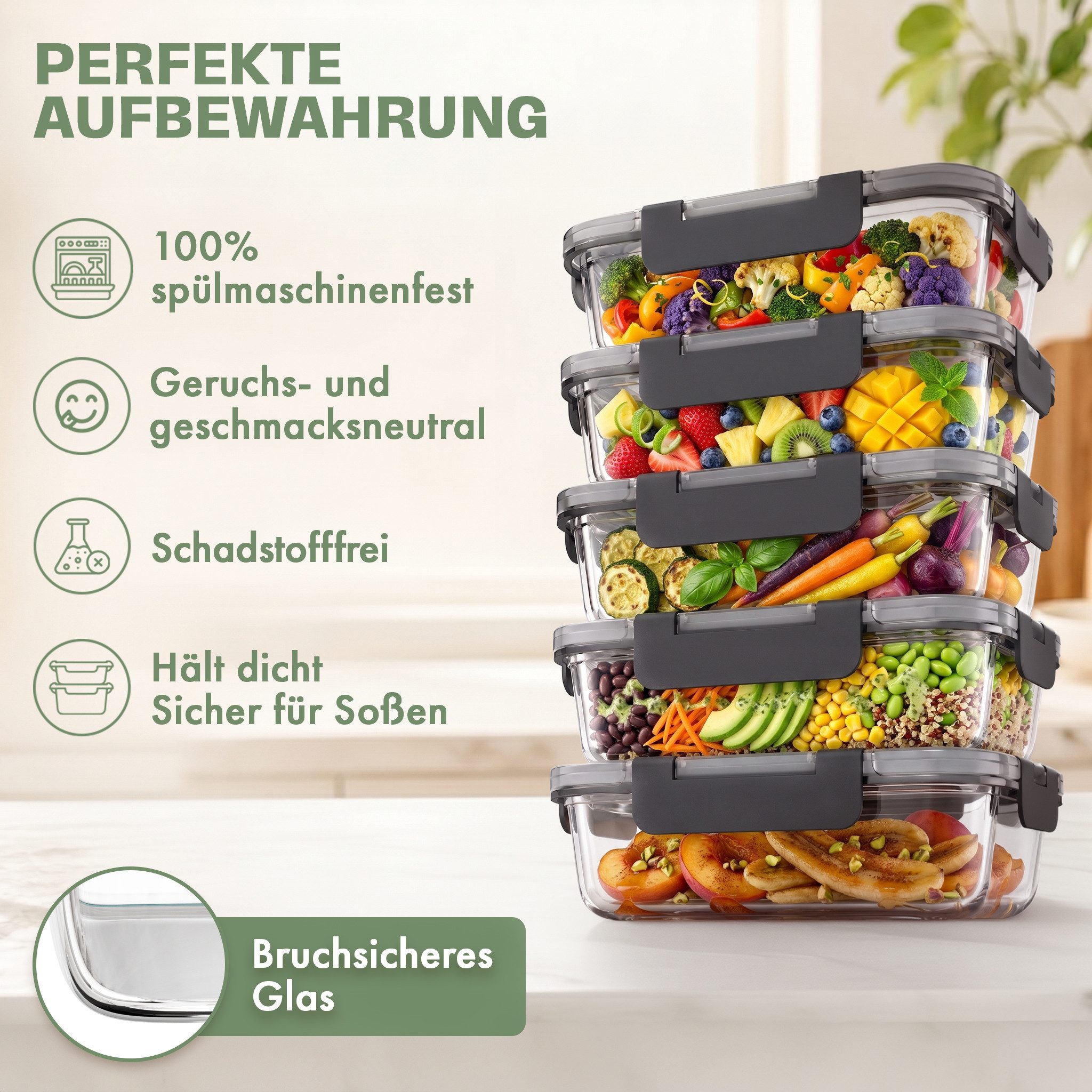 Lemontree Vorratsdose mit Deckel Luftdicht - Meal Prep Boxen Glas - Mikrowellengeeignet, Hochborosilikatglas, (Vorratsdosen-Set (3-teilig, groß je 1040 ml), Meal Prep Boxen 3er Set - 1040ml - auch als 5er & 10er Set erhältlich), Luftdicht, auslaufsicher, stapelbar, mikrowellen-, ofen- & gefrierfest