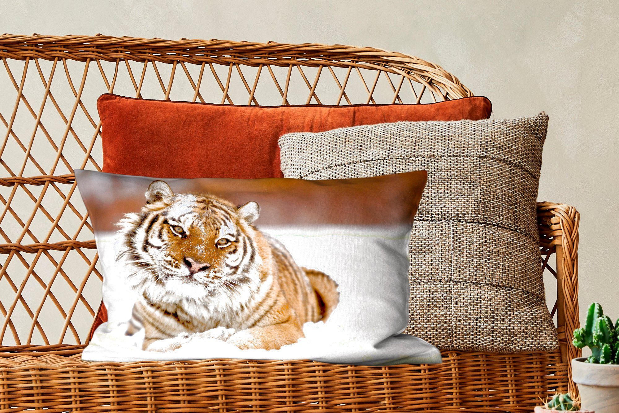 Schnee Schlafzimmer Dekoration, Füllung, MuchoWow - Dekokissen Weiß, - Wohzimmer mit Zierkissen, Tiger Dekokissen