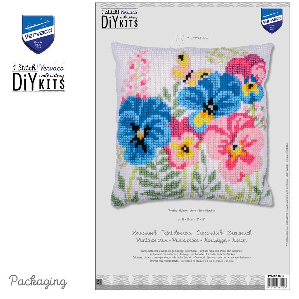 Vervaco Kreativset Kreuzstich-Kissen-Set Stiefmütterchen - Stickbild vorgezeichnet, (Set, Vervaco embroidery Kit), Made in Europe