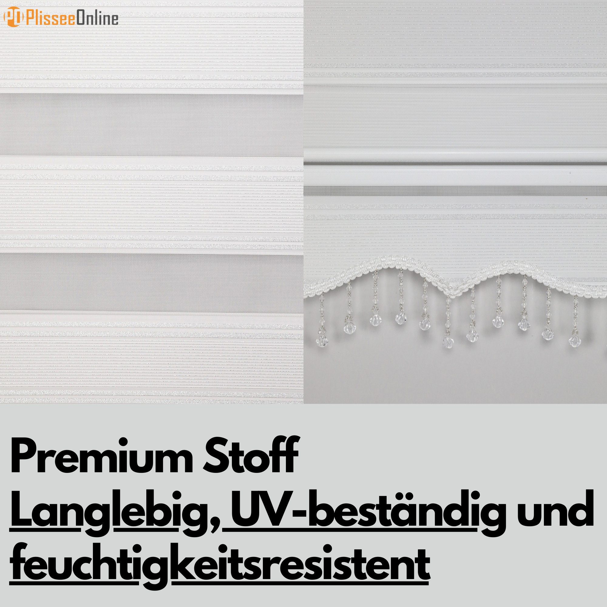 Doppelrollo Duorollo mit Kassette und Perlen in Weiß, Grau, Gold Höhe: 200 cm, Plisseeonline, blickdicht, Deckenmontage, Inkl. Montagezubehör Schrauben und Dübel, Decke oder Wand, mit Kindersicherung