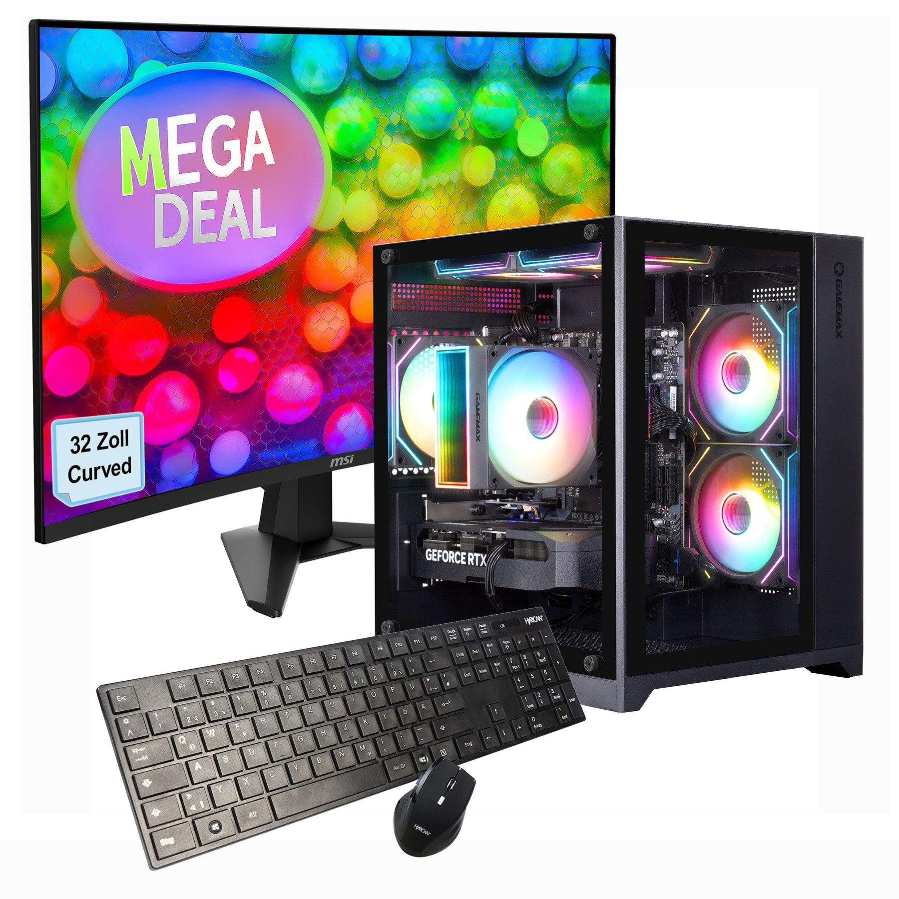GAMEMAX MegaDeal Infinity Mini BK 2616 Ryzen 5 5500 RTX 5050 32GB DDR4 1TB SSD PC-Komplettsystem (32", AMD Ryzen 5 5500, RTX 5050, 32 GB RAM, 1000 GB SSD, Windows 11 + MSI MAG 32C6 Curved Monitor, 80cm (32)