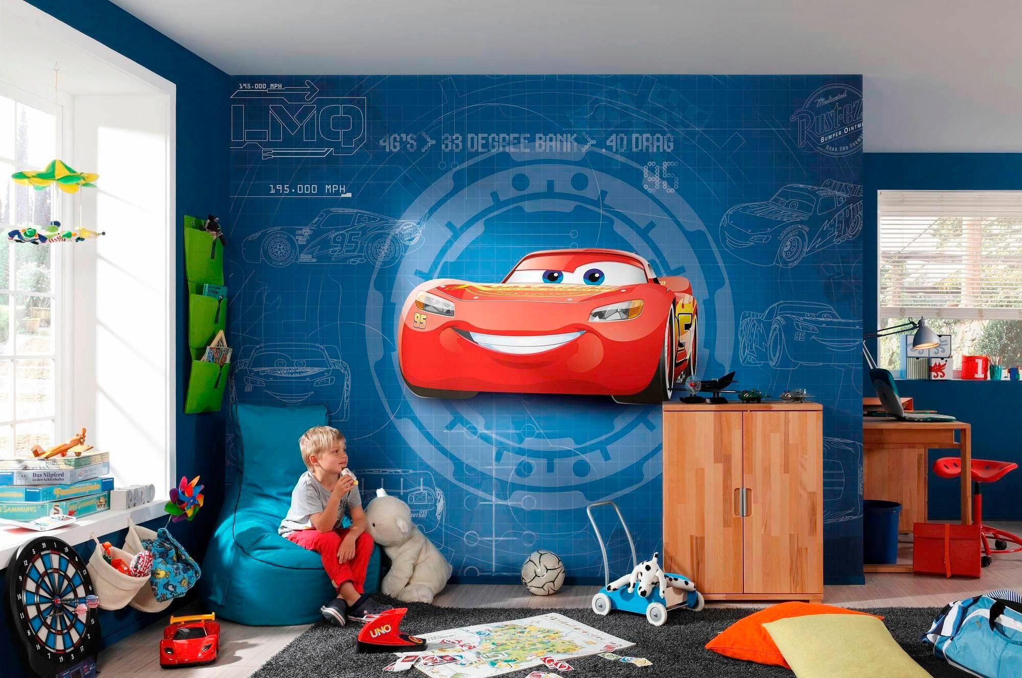 Komar Fototapete Cars3 Blueprint - Größe 368 x 254 cm, glatt, bedruckt, Kinderzimmer